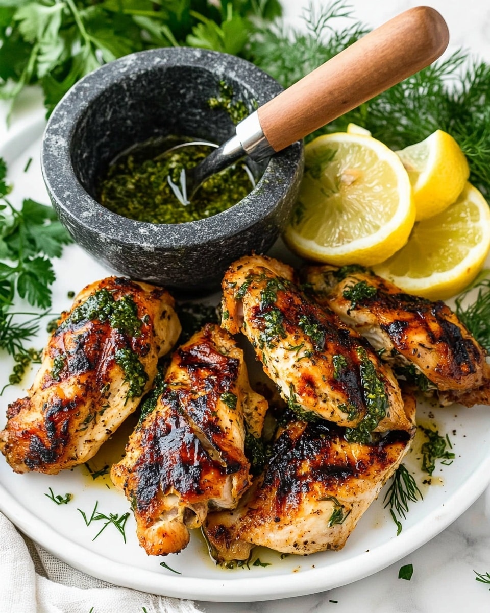 A whole grilled chicken is spread flat on a white plate with raised bead-like edges, showing a dark brown, crispy skin covered in coarse black pepper and seasoning. The chicken glistens with a light oily sauce pooling below it, blending golden yellow and orange hues. Fresh green parsley leaves are placed under the chicken in the middle and around the edges on the right for garnish. A small clear glass bowl filled with golden brown sauce sits near the bottom right corner of the plate. The whole scene is set on a white marbled surface. Photo taken with an iphone --ar 4:5 --v 6.1