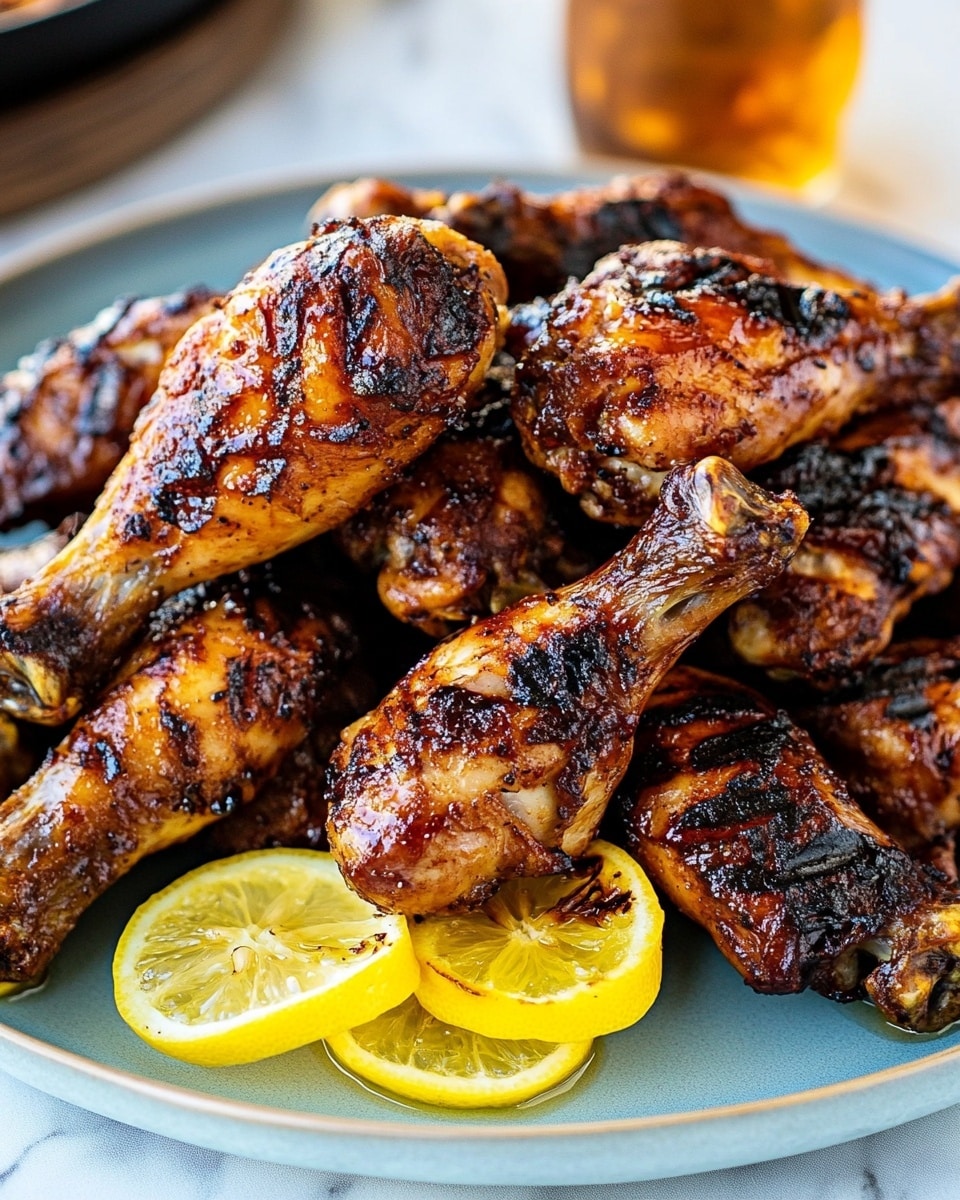 The image shows a white plate lined with rustic brown parchment paper holding several pieces of grilled chicken that are golden brown with a charred, crispy texture. The chicken pieces vary in size and shape including drumsticks and thighs, and are stacked closely together. Bright green cilantro leaves are scattered on top and among the chicken pieces, adding a fresh pop of color. A woman's hand is holding one grilled chicken piece above the plate. The whole scene is set on a white marbled surface. photo taken with an iphone --ar 4:5 --v 6.1