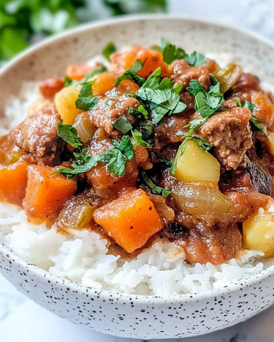 The dish is served in a white bowl with small black speckles. It has one main layer of white fluffy rice at the bottom, topped with a thick stew-like mixture. The topping has chunks of meat and vegetables like orange carrots and yellow potatoes, mixed with small bits of green herbs spread evenly. A few sprigs of fresh green parsley sit on top in the center as garnish. The bowl rests on a white marbled surface with some green leaves blurred in the background, giving a fresh and inviting look. photo taken with an iphone --ar 4:5 --v 6.1
