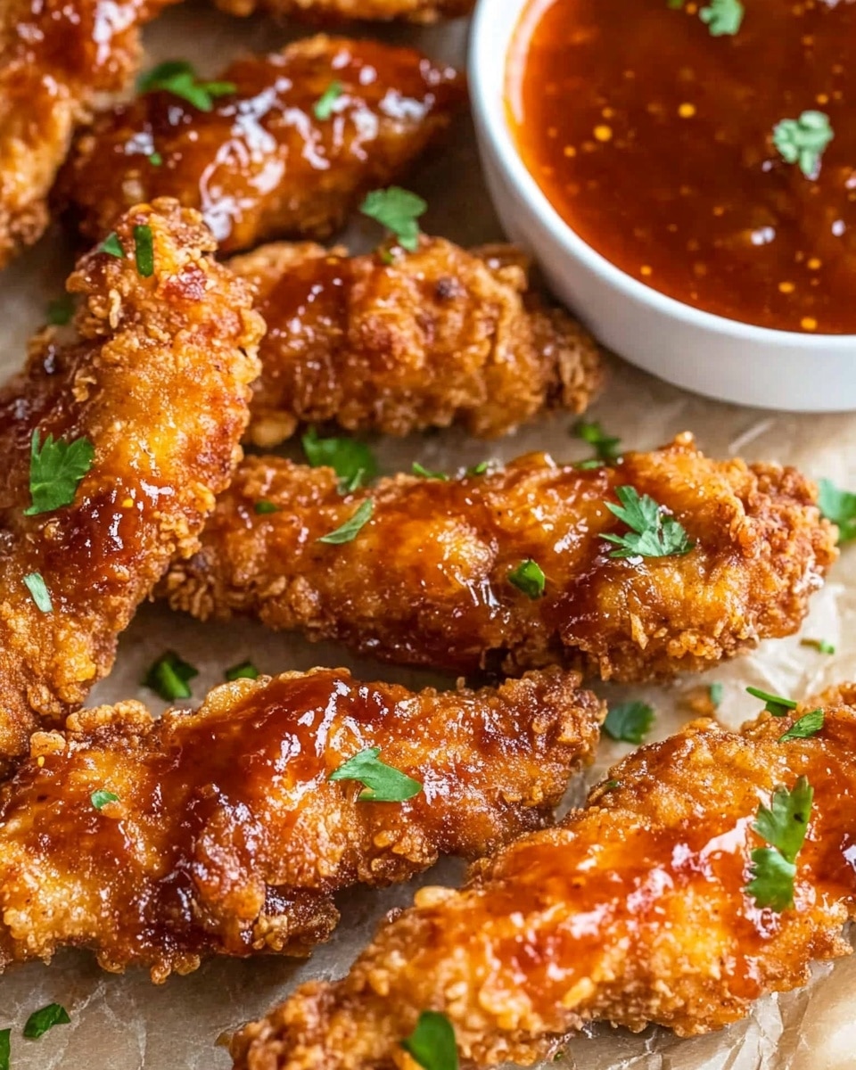 The image shows several pieces of fried chicken strips placed closely together on a piece of brown paper. Each chicken strip has a thick, crunchy, golden-brown crust with a slightly rough texture. They are covered with a shiny, reddish-orange sauce that looks sticky and spicy. Small green herbs are sprinkled on top of the chicken strips, adding a fresh contrast. In the upper right corner, there is a white bowl filled with more of the same reddish-orange sauce. The background surface is a white marbled texture photo taken with an iphone --ar 4:5 --v 6.1