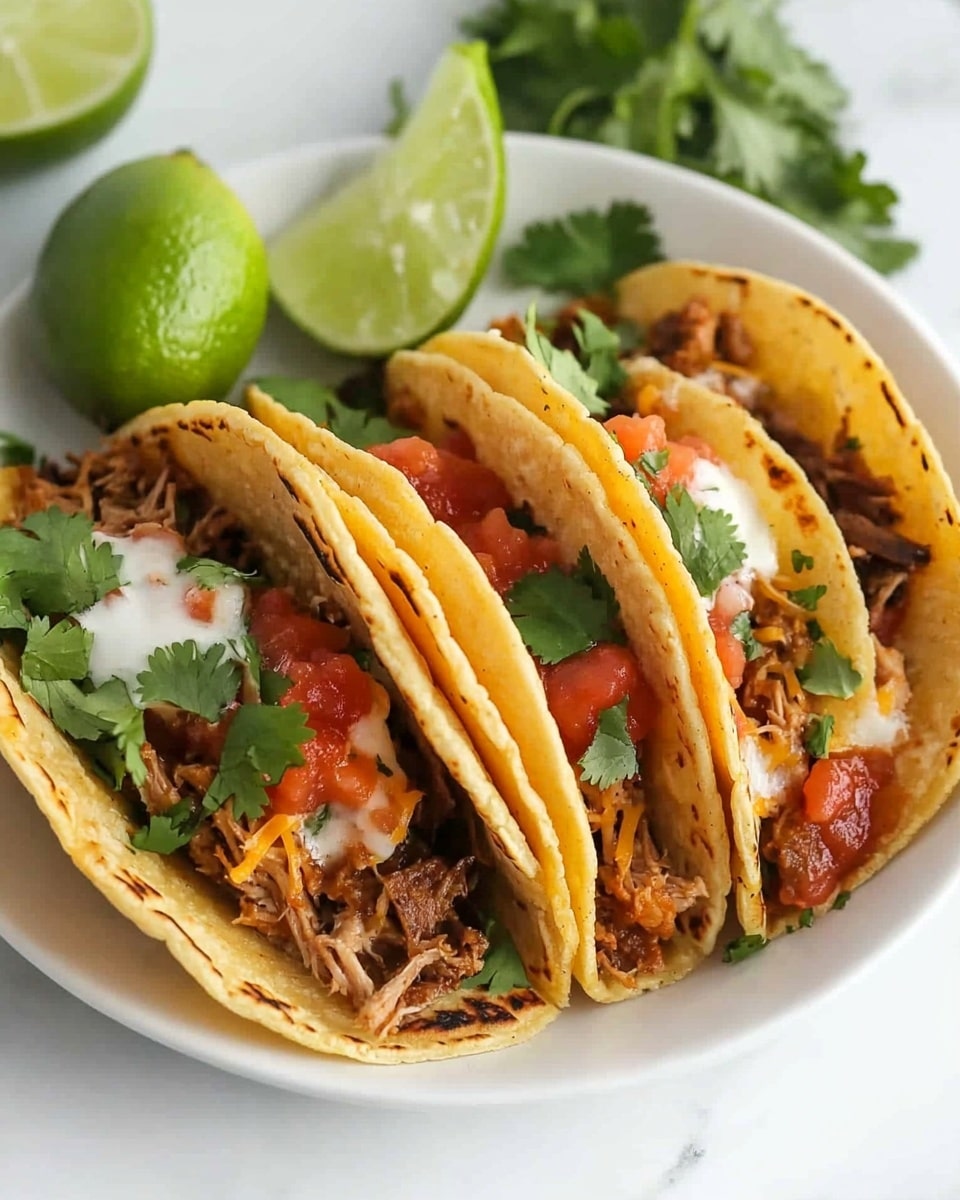 A white round plate with three tacos arranged in a semi-circle, each taco having a yellowish-orange crispy shell filled with dark brown shredded meat, scattered green cilantro leaves, and some bits of red sauce. On the right side of the plate, there are two wedges of lime with bright green skin and pale green flesh. In the center, a small white cup holds a dark reddish-brown dipping sauce, while a woman's hand is dipping one taco halfway into the sauce, showing the crispy shell and filling texture. The plate is set on a white marbled surface with some blurred green herbs in the background. Photo taken with an iphone --ar 4:5 --v 6.1