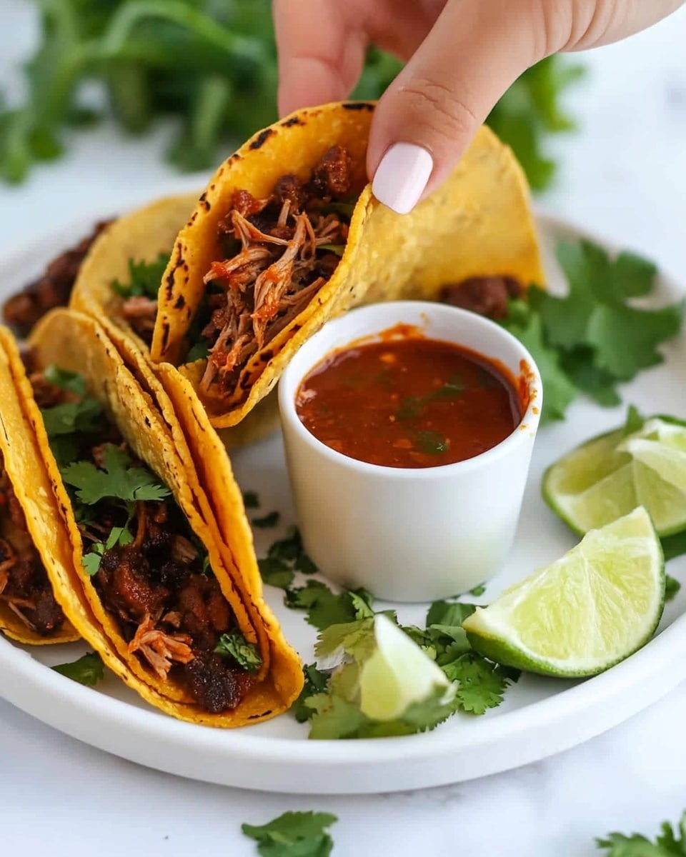 A white oval plate on a white marbled surface holds four small tacos and a white dipping bowl filled with red sauce in the center. Each taco has one yellow, soft corn tortilla folded in half, filled with shredded dark brown meat, fresh green cilantro leaves, and a bit of red salsa. Three lime wedges with bright green skin and light green flesh sit next to the tacos on the right side of the plate. A woman's hand is dipping one taco into the sauce, holding it above the bowl, showing the crispy edge of the tortilla with some meat and sauce. Fresh green cilantro is blurred in the background. Photo taken with an iphone --ar 4:5 --v 6.1