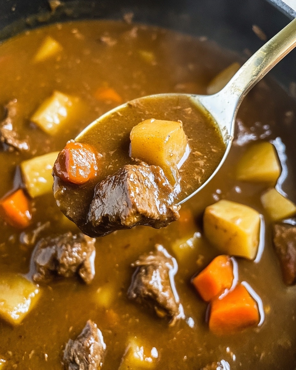 The image shows a close-up of a ladle lifting thick brown stew from a pot. The stew has visible layers with chunky pieces of dark brown meat, small orange carrot cubes, and pale yellow potato chunks. The brown liquid looks rich and slightly glossy, surrounding the solid pieces closely. The pot edge is light colored and the background has a white marbled texture. photo taken with an iphone --ar 4:5 --v 6.1