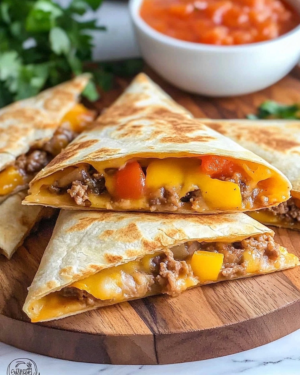 A close-up of a folded quesadilla being held by a woman's hand, showing a golden brown crispy outer layer with visible pockets of melted cheese stretching and dripping down from the inside. The inside layers reveal a mix of colors and textures: melted yellow cheese, chunks of cooked ground meat in brown, and bright orange and yellow bell pepper pieces. The quesadilla sits on a white plate on a white marbled surface in the background. photo taken with an iphone --ar 4:5 --v 6.1