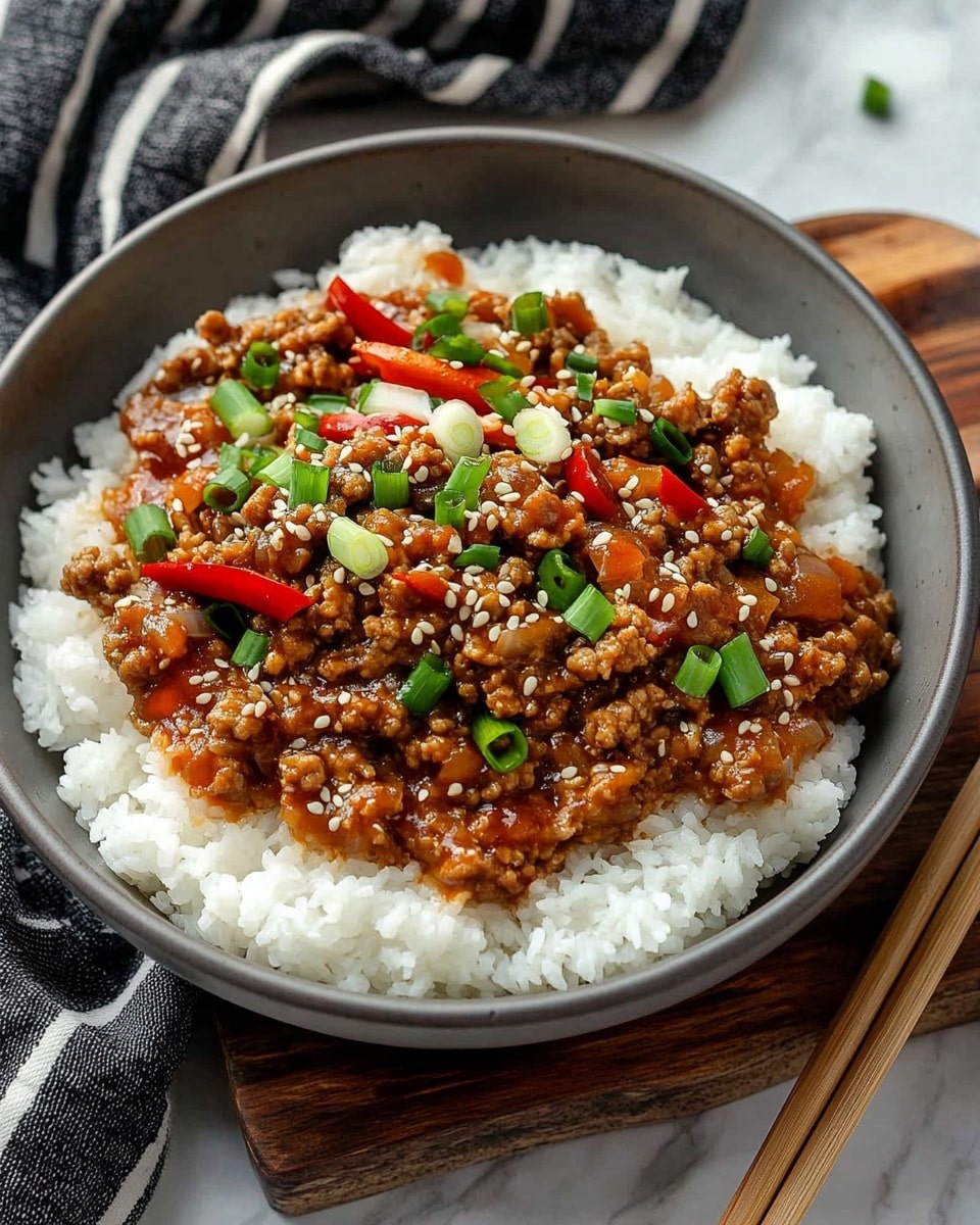 A white bowl holds two layers: first, a base of fluffy white rice with a soft texture, and on top, a layer of cooked ground meat mixed with small pieces of onion and red chili slices, all sprinkled with green chopped scallions and white sesame seeds, adding vibrant green and red pops of color. The bowl is held by two woman's hands wearing a light gray long-sleeve shirt, positioned over a wooden board that rests on a white marbled surface. Nearby, there is a small black bowl filled with sliced scallions and red chili, and wooden utensils in the background. photo taken with an iphone --ar 4:5 --v 6.1