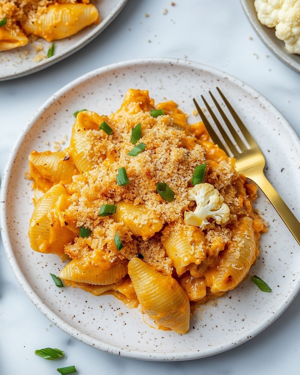 A white plate holds a serving of baked pasta shells covered with a creamy, orange cheese sauce. The dish has a crispy golden breadcrumb topping layered mostly on one side, adding texture. Small green onion pieces are scattered on top and around the pasta, adding a fresh green touch. A few cauliflower florets mix with the pasta, adding white florets with a soft texture. A gold fork rests on the right side of the plate on the white marbled surface, which has some sprinkled green onions and crumbs nearby. A portion of another plate with the same pasta is partially visible in the top left corner. photo taken with an iphone --ar 4:5 --v 6.1