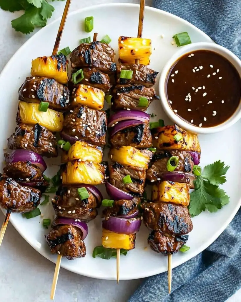 Teriyaki Beef Skewers with Pineapple and Red Onion Recipe