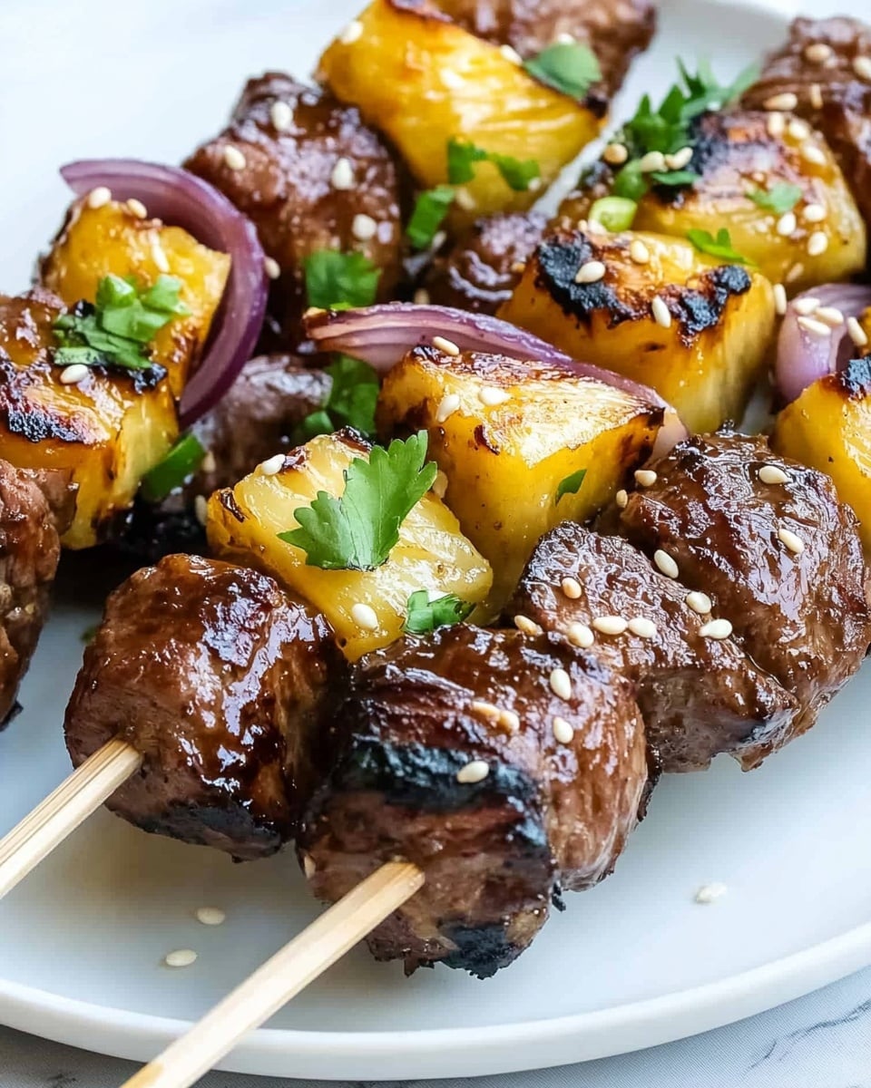 The image shows two skewers on a white plate with a white marbled surface in the background. Each skewer has five layers, starting with grilled dark brown meat chunks that have a shiny glaze, alternating with bright yellow grilled pineapple pieces that have a slightly charred texture. Between the meat and pineapple pieces, there are layers of deep purple-red onion with a slightly translucent, soft texture. The skewers are garnished with small green herbs scattered on top and white sesame seeds sprinkled over the meat. The wooden sticks are visible, holding the ingredients together. Photo taken with an iphone --ar 4:5 --v 6.1