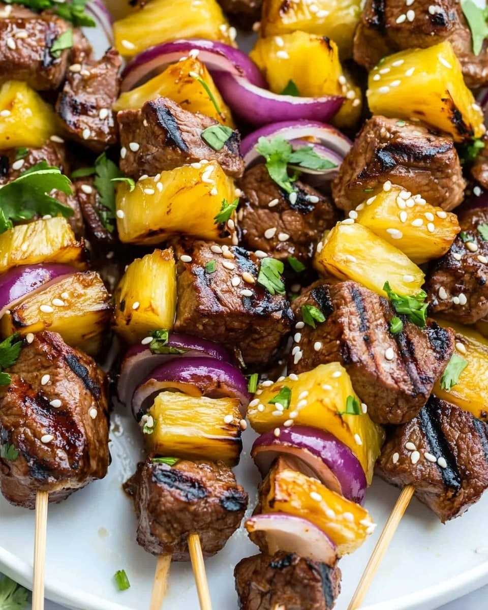 The image shows several skewers arranged on a white plate over a white marbled surface. Each skewer has alternating thick, dark brown grilled meat chunks, bright yellow pineapple pieces, and purple onion segments. The meat looks juicy with a glossy brown sauce drizzled over it, garnished with white sesame seeds and fresh green sliced herbs. Small green herb leaves are scattered around the plate, adding a fresh touch. photo taken with an iphone --ar 4:5 --v 6.1