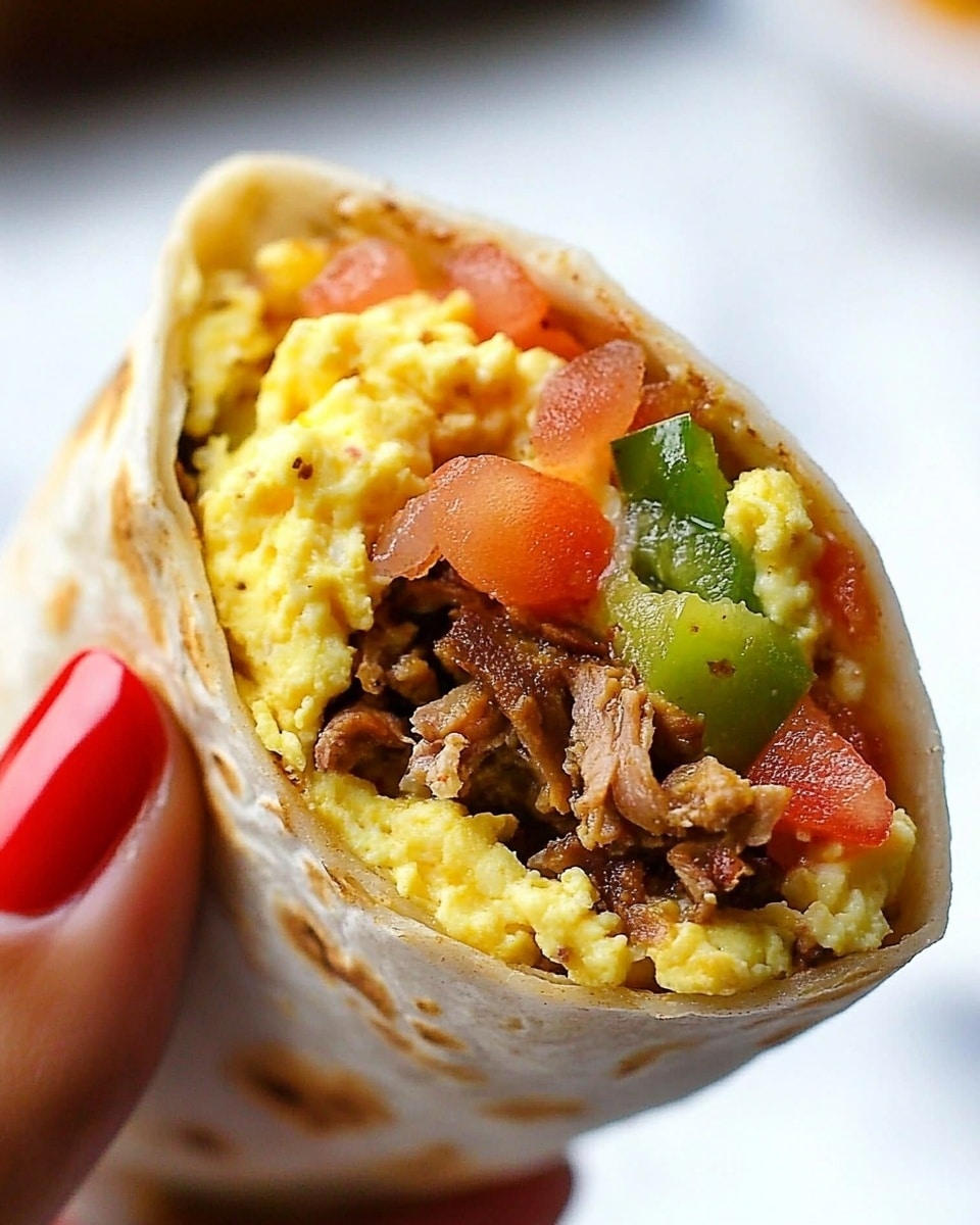 A close-up of a breakfast burrito held by a woman's hand with red nail polish, showing three visible layers inside a toasted tortilla. The top layer is bright yellow scrambled eggs with a soft texture, the middle layer is a mix of diced red tomatoes and green peppers, and the bottom layer is dark shredded meat, all wrapped tightly in a slightly browned, textured tortilla. The background is a white marbled surface with a blurred white plate behind the burrito. Photo taken with an iphone --ar 4:5 --v 6.1