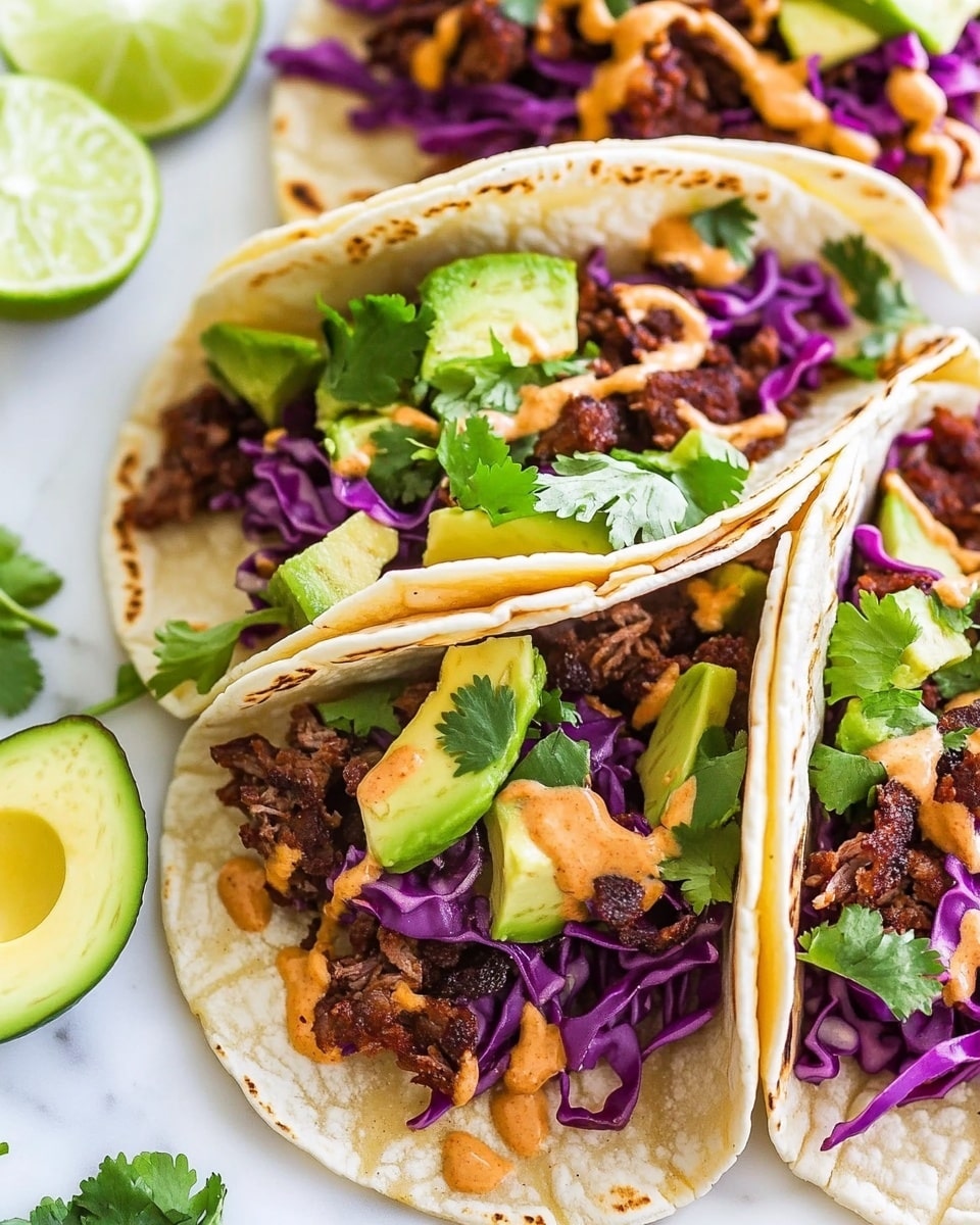 Three tacos are placed side by side on a white marbled surface. Each taco has a soft, lightly toasted white tortilla as the base layer. The second layer inside consists of dark brown, cooked meat pieces. On top of that, there is a layer of bright purple shredded cabbage. Next, there are small green avocado chunks spread over the cabbage. Fresh green cilantro leaves are scattered throughout as another layer. The tacos are topped with a drizzle of light orange creamy sauce. On the left side of the image, there is a halved lime and some small avocado pieces. Photo taken with an iphone --ar 4:5 --v 6.1