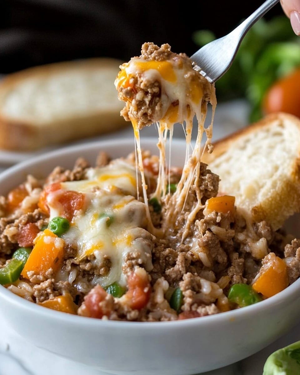 A white bowl filled with a layered dish of cooked ground meat mixed with white rice, melted cheese, small orange and green vegetable pieces, and bits of red tomato. The top layer has gooey strings of melted cheese being lifted by a silver fork held by a woman's hand from the right side of the image. Behind the bowl, there are two slices of toasted bread with a golden crust, resting on a white marbled surface. There is a small side of fresh green leafy vegetables on the right edge of the bowl. Photo taken with an iphone --ar 4:5 --v 6.1