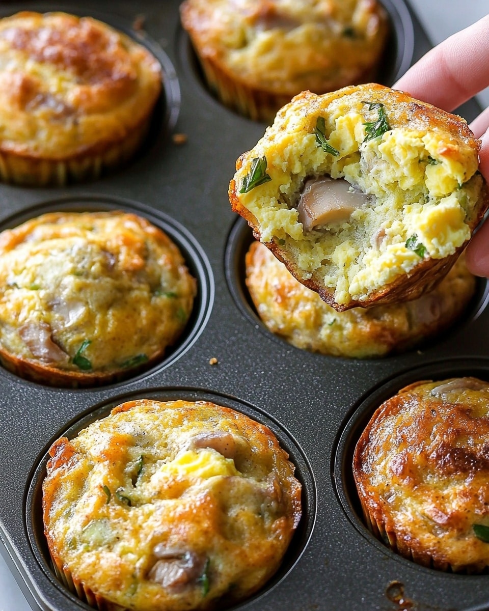 The image shows a dark metal muffin tray filled with eight egg muffins. Each muffin has a golden brown crust on the edges and a soft, light yellow, slightly textured surface dotted with green herbs and small pieces of mushrooms inside. One of the muffins in the upper right corner is cut in half and being held by a woman's hand, showing the inside layers filled with fluffy yellow eggs, bits of green herbs, and pale mushrooms. The muffins look slightly risen and have a smooth but uneven top. The whole scene is set on a white marbled surface. photo taken with an iphone --ar 4:5 --v 6.1