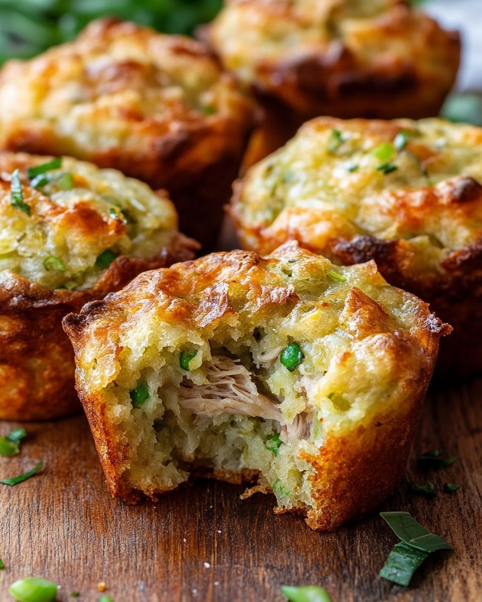 The image shows several savory muffins with a golden brown crust and a soft, fluffy inside that is visible in a muffin with a bite taken out. Each muffin has a thick top layer that looks moist and mixed with green herbs and small bits of vegetables. Inside, there is a layer of shredded meat that is light beige with a tender texture. The muffins sit on a wooden surface with some thin sliced green garnish scattered around. The overall look is warm and hearty, with a mix of yellow, golden brown, and green colors in each muffin. Photo taken with an iphone --ar 4:5 --v 6.1
