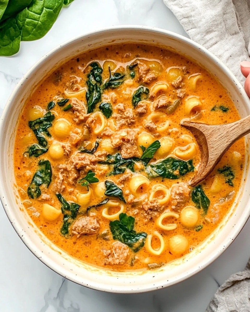 A white bowl sits on a white marbled surface, filled with creamy orange pasta soup. The dish has small round pasta shells spread evenly through the thick orange broth. Dark green spinach leaves float on top, along with small bits of browned meat scattered throughout. Some fresh chopped herbs add a touch of green. A wooden spoon is resting inside the bowl, held by a woman's hand on the right side. Photo taken with an iphone --ar 4:5 --v 6.1