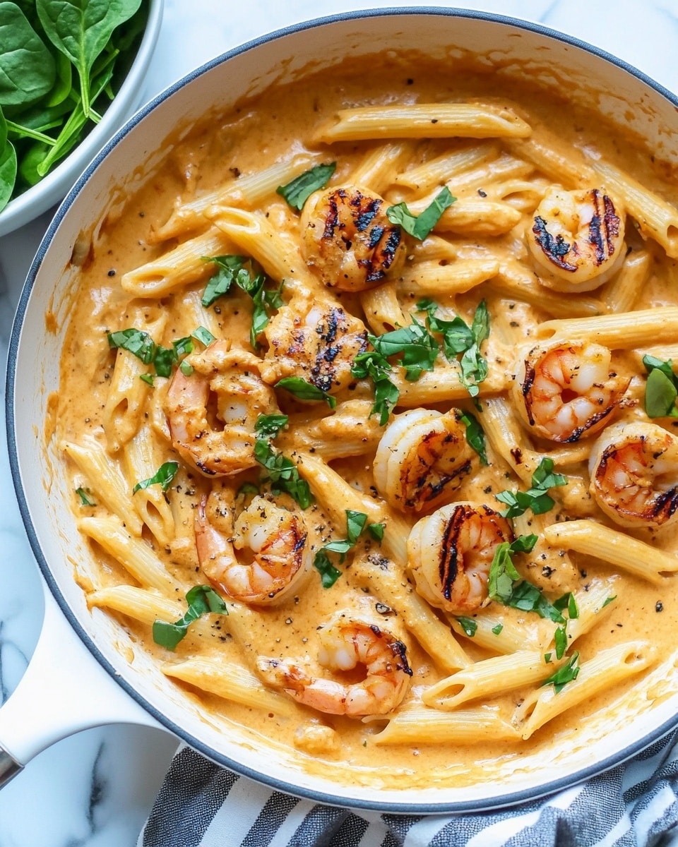 The image shows a white pan filled with creamy orange sauce pasta. There are two main layers: the bottom is penne pasta cooked well, coated in a smooth, thick orange sauce with small black pepper specks. On top of the pasta, there are several grilled shrimp with a light brown char showing, scattered evenly. Fresh green herbs are sprinkled over the top, adding a pop of color. Next to the pan, there is a white bowl filled with fresh green spinach, placed on a white marbled surface. A striped cloth is partially visible by the pan s edge. Photo taken with an iphone --ar 4:5 --v 6.1