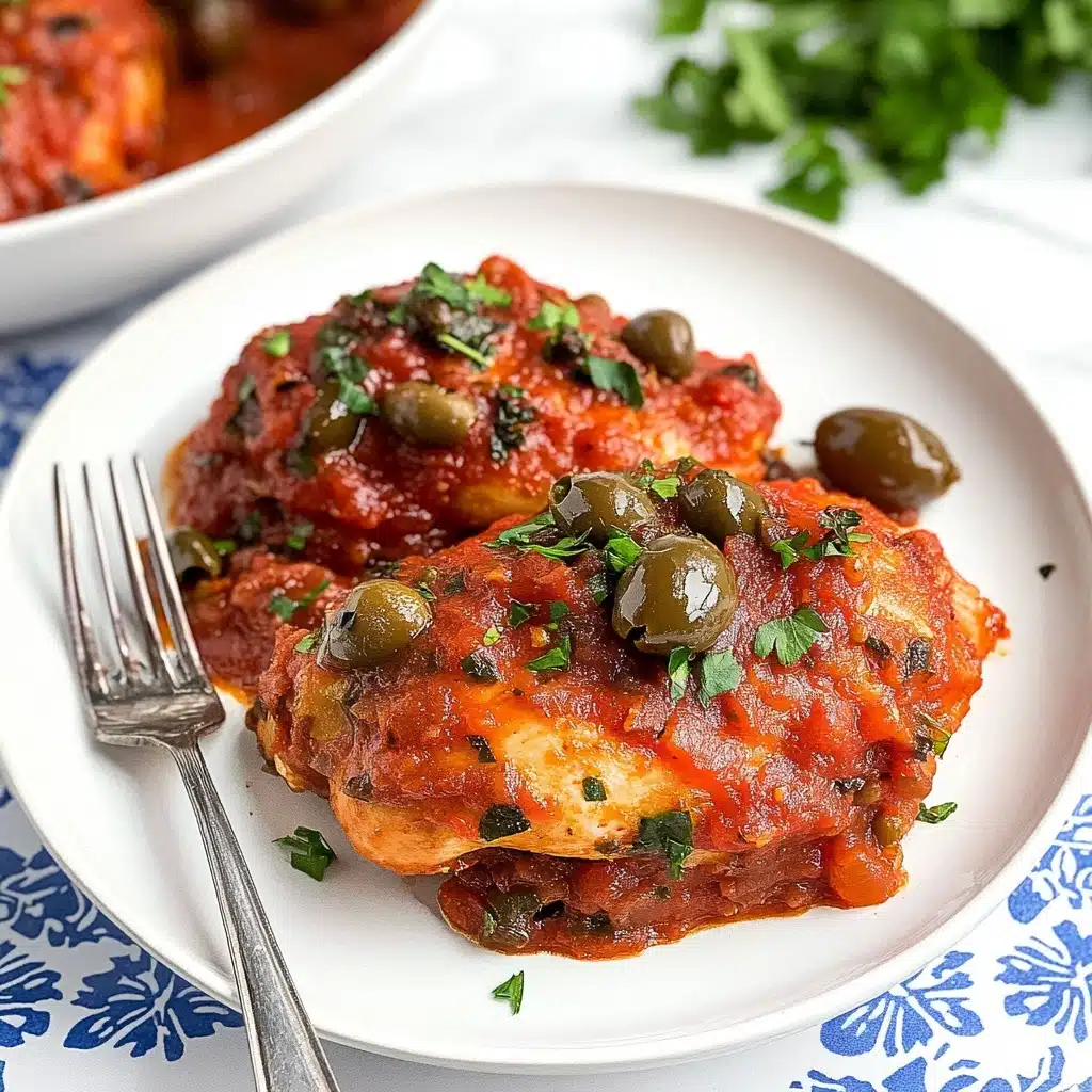 Chicken Puttanesca, Chicken Puttanesca recipe, Mediterranean chicken dinner, easy chicken puttanesca, flavorful chicken dishes The dish shows two pieces of cooked chicken thighs covered with a thick red tomato sauce on a white plate. The sauce has black olive slices and green capers spread across it and there are small green herb pieces sprinkled over the chicken and sauce. A silver fork rests on the plate behind the chicken. In the background, there is a larger white bowl filled with more chicken pieces in the same red sauce. Small bowls with green herbs and black olives are nearby on a white marbled surface with blue floral tile patterns.