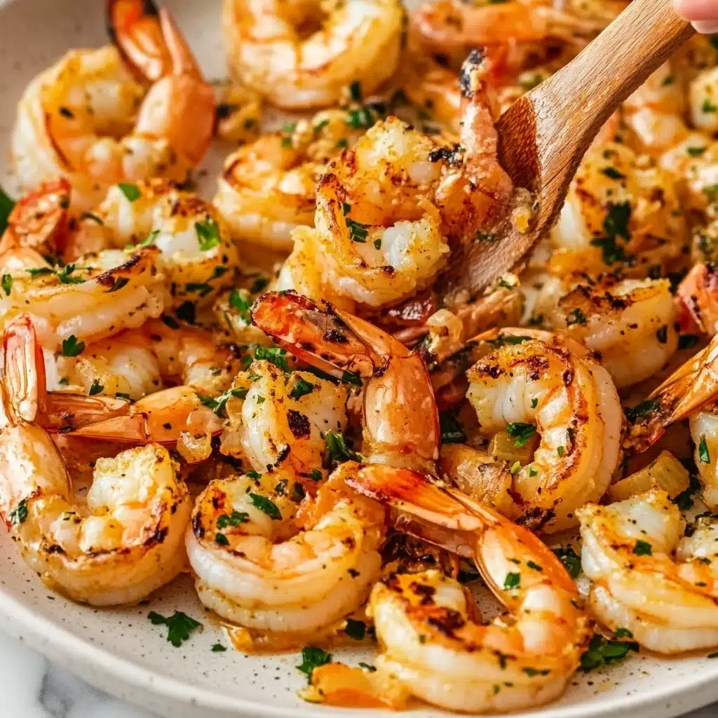 Shrimp Scampi, Easy Shrimp Scampi, Quick Shrimp Dinner, Garlic Lemon Shrimp, Simple Seafood Recipes A white bowl filled with many cooked shrimp arranged closely together, each shrimp showing a slight pink and orange color with some light browning from cooking. The shrimp appear to be covered lightly with bits of green herbs and small white specks of seasoning. A woman's hand is visible holding a small wooden spatula in the top right corner of the bowl. The bowl is placed on a white marbled surface, and the warm lighting highlights the textures of the shrimp’s curved shapes and smooth shells.
