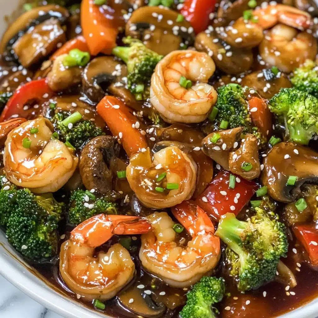 Easy Shrimp Stir Fry, quick shrimp stir fry recipe, healthy shrimp stir fry, flavorful shrimp stir fry, one-pan shrimp stir fry This image shows a close-up of a shrimp stir-fry in a white bowl with a wooden spoon lifting some of the food. The dish contains bright orange shrimp on top, mixed with green broccoli pieces, red bell pepper slices, and brown mushrooms all coated in a thick, glossy brown sauce. Small sesame seeds and chopped green onions sprinkle the dish. The background surface is white marbled texture.