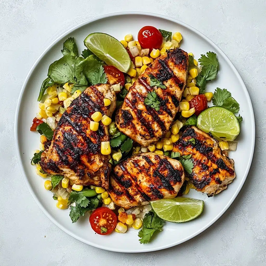 Grilled Chicken Thighs with Vibrant Succotash, flavorful grilled chicken thigh recipe, summer chicken and succotash ideas, easy grilled chicken dinner, healthy grilled chicken and vegetable dish A white round plate is filled with six grilled chicken pieces that have dark char marks and a reddish-brown color. The chicken is layered on top of bright yellow corn kernels mixed with large white beans and scattered green herbs including parsley and basil. Around and on top of the chicken are halved red cherry tomatoes and lime wedges with bright green skin and pale green flesh. The background is a white marbled surface.