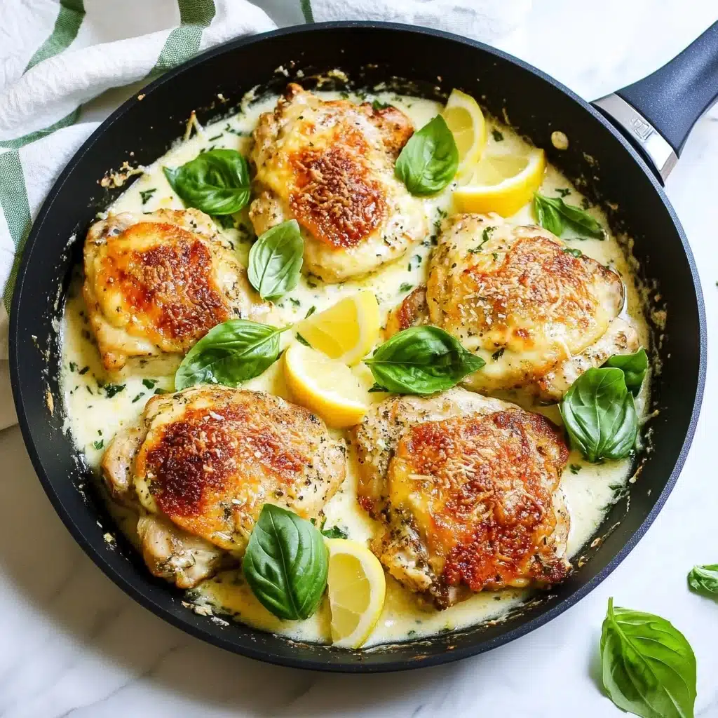 Cacio e Pepe Chicken Thighs, easy Italian chicken recipe, creamy pepper chicken, flavorful chicken dinner, authentic Italian chicken dish A round black pan holds seven pieces of golden-brown cooked meat topped with a melted, slightly browned cheese layer. Each piece sits on a creamy white sauce base, with visible herbs sprinkled on top giving a speckled texture. Bright green basil leaves are scattered across the dish, adding fresh color. Small yellow lemon wedges are placed around the edges of the pan. The pan is set on a white marbled surface with a white cloth featuring green stripes to the side.