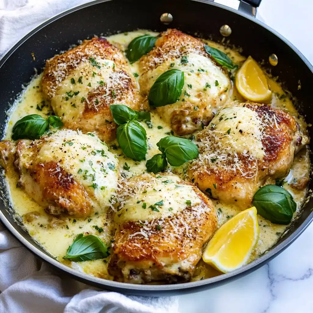 Cacio e Pepe Chicken Thighs, easy Italian chicken recipe, creamy pepper chicken, flavorful chicken dinner, authentic Italian chicken dish A white skillet filled with seven browned chicken thighs, each covered with a layer of melted grated cheese and sprinkled with herbs, resting on a creamy light beige sauce. Bright green fresh basil leaves are scattered on top and between the chicken pieces. Lemon wedges peek out from under the chicken, adding a pop of yellow color. The skillet is placed on a white marbled surface, and a white cloth with a touch of green is partially visible on the side.