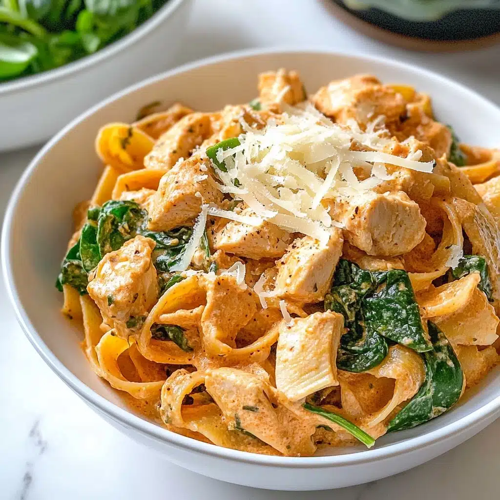 Creamy Chicken Artichoke Pasta, Chicken Artichoke Pasta, Easy Creamy Pasta Recipe, Weeknight Chicken Pasta, Gourmet Chicken Pasta Dish A white bowl holds a dish with three main layers: at the bottom are flat, wide pasta noodles with an orange creamy sauce; on top of the pasta are pieces of light brown cooked chicken mixed with dark green spinach leaves and pale yellow artichoke hearts; the top layer is light, shredded cheese scattered over the whole dish. The bowl sits on a white marbled surface, and there is a glimpse of a salad bowl in the background.