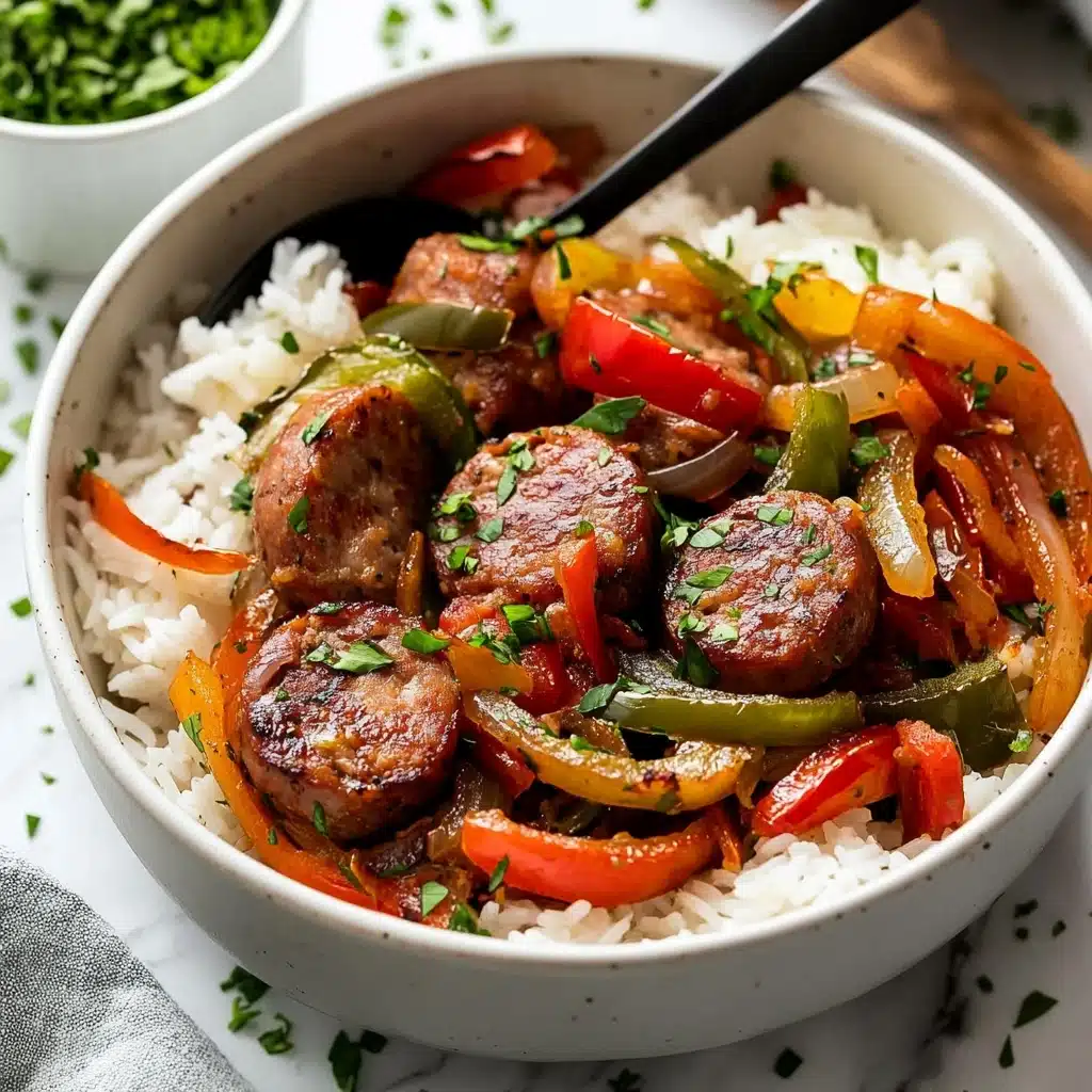 Easy Sausage and Peppers Skillet, Sausage and Peppers Dinner, One-Pan Sausage Meal, Quick Sausage Recipes, Family-Friendly Skillet Dinner A white bowl holds a dish with two main layers: the bottom layer is soft, fluffy white rice, and on top are slices of browned sausage mixed with cooked red and green bell pepper strips and caramelized onions. The sausage slices are round with a slightly crispy edge, and the peppers are tender with bright colors, while small green herbs are sprinkled on top for garnish. A black spoon rests inside the bowl with some rice and sausage on it. Nearby, there is a small white cup filled with chopped green herbs on a white marbled surface.
