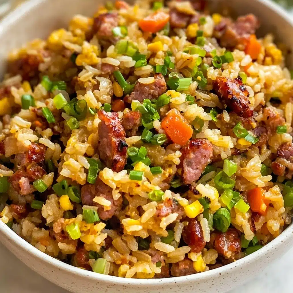 Easy Sausage Rice, Cajun Dirty Rice, Cajun Sausage and Rice, Spicy Cajun Rice Bowls, Quick Cajun Dinner The image shows a close-up of a white bowl filled with a colorful mixed rice dish. The dish has several layers visible in the mix: a base of yellow rice with a soft texture, scattered pieces of reddish-brown sausage, small chunks of light orange carrots, and bits of green onions sprinkled on top. The ingredients are well mixed, creating a textured appearance with different sizes and colors evenly spread. The bowl sits on a white marbled surface.