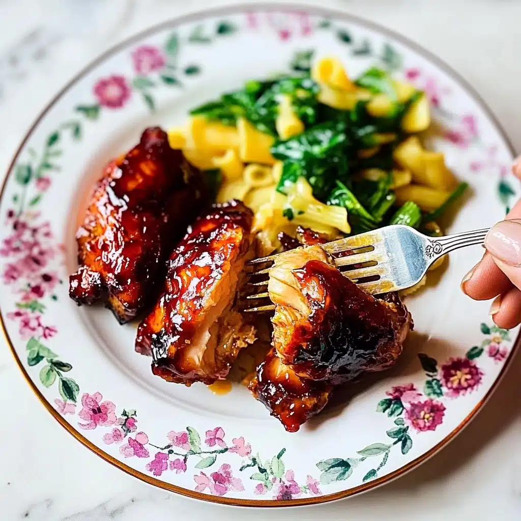 Oven BBQ Chicken, easy BBQ chicken, baked BBQ chicken, flavorful chicken dinner, no grill BBQ chicken A white plate with colorful floral designs holds a serving of food. There are three pieces of sticky, shiny, reddish-brown glazed meat with a slightly charred look on top. One piece is held by a woman's hand with a fork, showing a light, tender inside. Next to the meat, there is a small portion of yellow pasta mixed with green leafy vegetables, adding a fresh look to the dish. The scene is set on a white marbled surface.