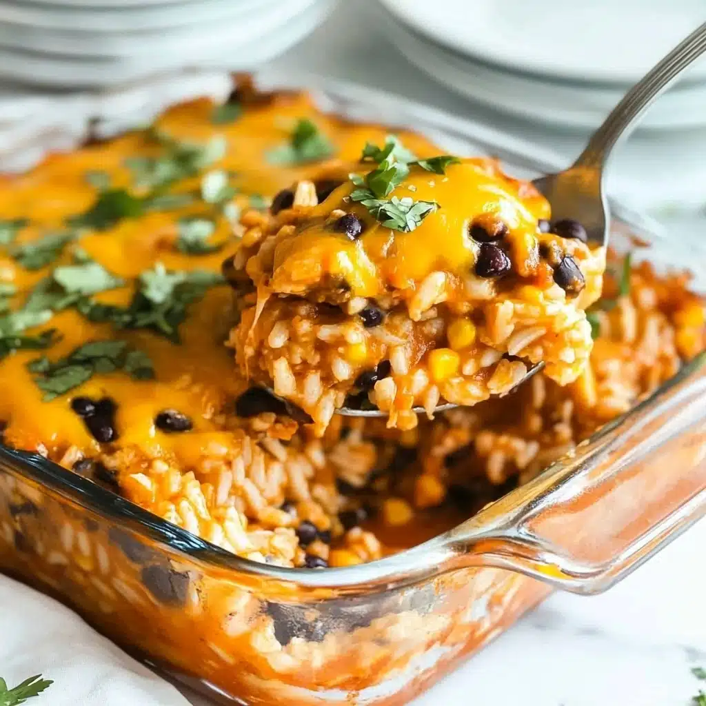 Southwest Chicken Enchilada Casserole, Southwest enchilada casserole, easy chicken enchilada bake, cheesy Mexican casserole, quick family dinner recipe The image shows a white plate with two main layers: on one side, there is a layer of white rice sprinkled with small green herb pieces, and on the other side, a colorful mixture of cooked shredded chicken, black beans, corn, and orange sauce with melted cheese. The chicken mixture is topped with a dollop of white sour cream and small red tomato pieces, along with some green herbs for garnish. A silver fork is placed inside the plate on the right side. In the background, there is a white marbled surface with a glass baking dish filled with the same chicken mixture in the top left, a stack of pale yellow tortillas on a wooden board in the top right, some fresh green cilantro leaves near the center, and a striped cloth napkin on the right side.