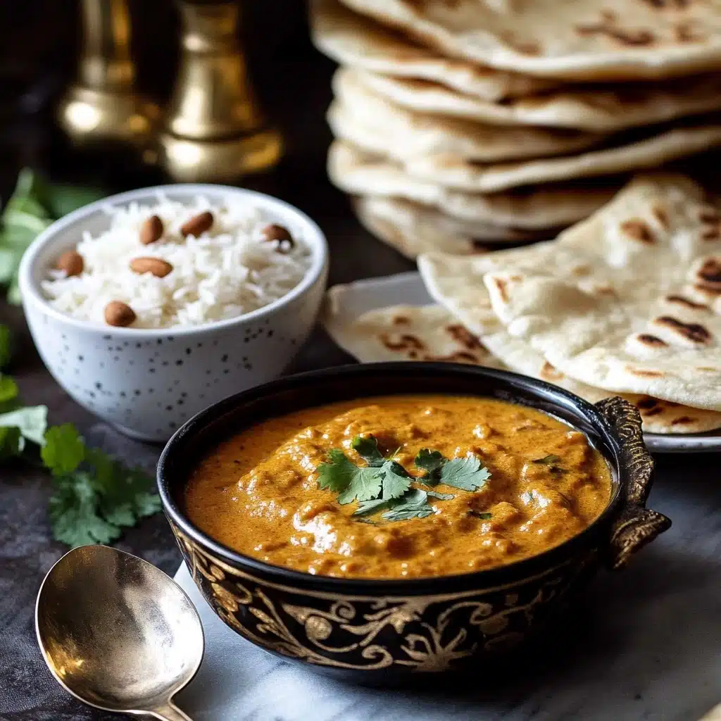 High-Protein Marry Me Chicken, healthy chicken dinner, creamy tomato chicken, easy high-protein chicken recipe, flavorful chicken thigh dish The image shows a close-up of a round white bowl filled with creamy orange curry that has some texture, likely from meat or vegetables, and is topped with green cilantro leaves. Two folded pieces of flatbread, light beige with dark brown char marks, are dipped into the curry from the side of the bowl. The bowl sits on a white marbled surface with a blurred background where another bowl and some pieces of flatbread are visible. A woman's hand is not visible but implied by the pieces of flatbread held in the curry.