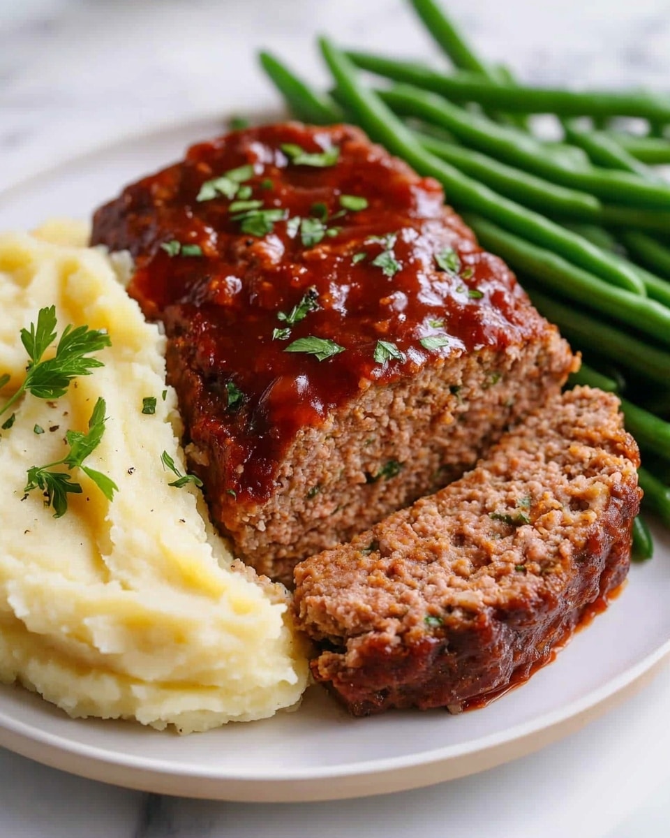Classic Oven-Baked Meatloaf with Tangy Glaze, meatloaf recipe, easy meatloaf dinner, hearty comfort food, flavorful baked meatloaf On a white plate with a white marbled surface background, there are three main layers: a portion of mashed potatoes on the left side, which is creamy and pale yellow with a smooth, slightly lumpy texture and small green herb bits sprinkled on top; in the middle, two thick slices of meatloaf stacked together, showing a reddish-brown cooked inside mixed with visible herb pieces and a shiny red sauce layer covering the top and sides, garnished with small green herbs; and on the right side, a pile of green beans that appear fresh and bright green, lying in a loose bunch. The overall image is bright and clear, showing textures distinctly,
