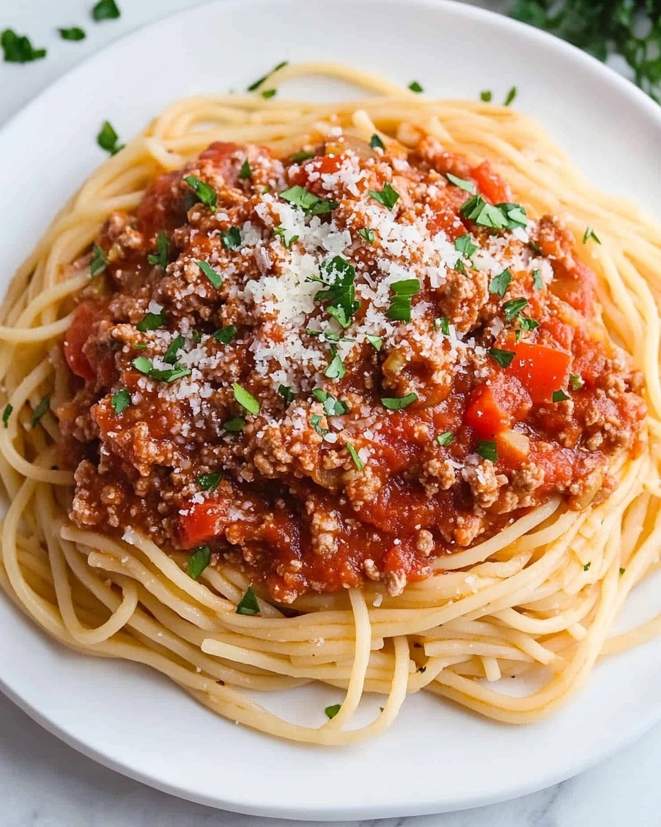 Turkey Spaghetti with Tomato Sauce and Parmesan, healthy turkey pasta, quick weeknight dinner ideas, savory turkey pasta recipes, easy turkey spaghetti The image shows a white plate with a serving of spaghetti layered at the bottom, light tan in color with a smooth texture from the noodles. On top of the spaghetti is a thick, chunky red tomato sauce mixed with browned meat pieces, adding a rich, textured layer. The sauce is sprinkled with shredded white cheese and small green parsley leaves, adding texture and color contrast. Nearby, there is a white pot filled with plain spaghetti noodles and a red cooking pot containing more of the red sauce with meat. A blue and white striped cloth is casually placed next to the plate on a white marbled surface with scattered parsley leaves around.