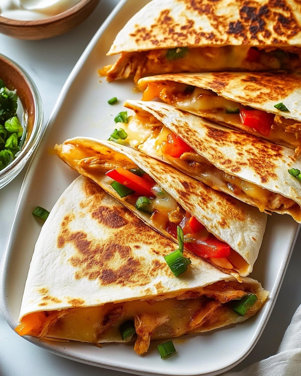 Cheesy Chicken and Veggie Quesadillas,Cheesy Chicken and Veggie Quesadillas with Avocado and Sour Cream,easy chicken quesadilla recipe,quick veggie quesadillas,healthy cheesy chicken quesadillas Three slices of quesadilla are placed on a wooden cutting board with light and dark grain patterns. Each triangular slice has a golden brown crispy top layer of melted cheese with slight browned spots. The second layer shows colorful fillings of green bell pepper slices and red bell pepper strips peeking out, along with melted cheese oozing slightly from the edges. The bottom layer is a light toasted tortilla. The slices are arranged in a loose line with small gaps between them.