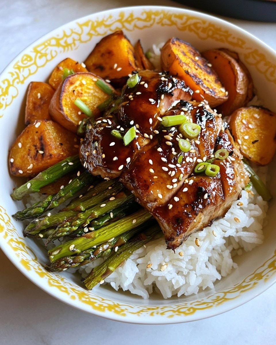 Sheet-pan Miso Honey Chicken, Sheet-pan Miso Honey Chicken with Roasted Sweet Potatoes and Asparagus, Easy Sheet-pan Chicken Dinner, Healthy Honey Miso Chicken, One-Pan Roasted Chicken and Veggies A white bowl is filled with three main layers: at the bottom, a layer of white cooked rice with a soft and fluffy texture; on top of the rice, slices of roasted orange sweet potatoes and green asparagus spears scattered around; the top layer shows a shiny, glazed piece of golden-brown chicken coated with a thick sauce, sprinkled with white sesame seeds and small pieces of green onion. In the background, a metal baking sheet with several pieces of glazed chicken and roasted vegetables rests on a white marbled surface, adding context to the meal preparation. Nearby, a small white dish holds extra sesame seeds.