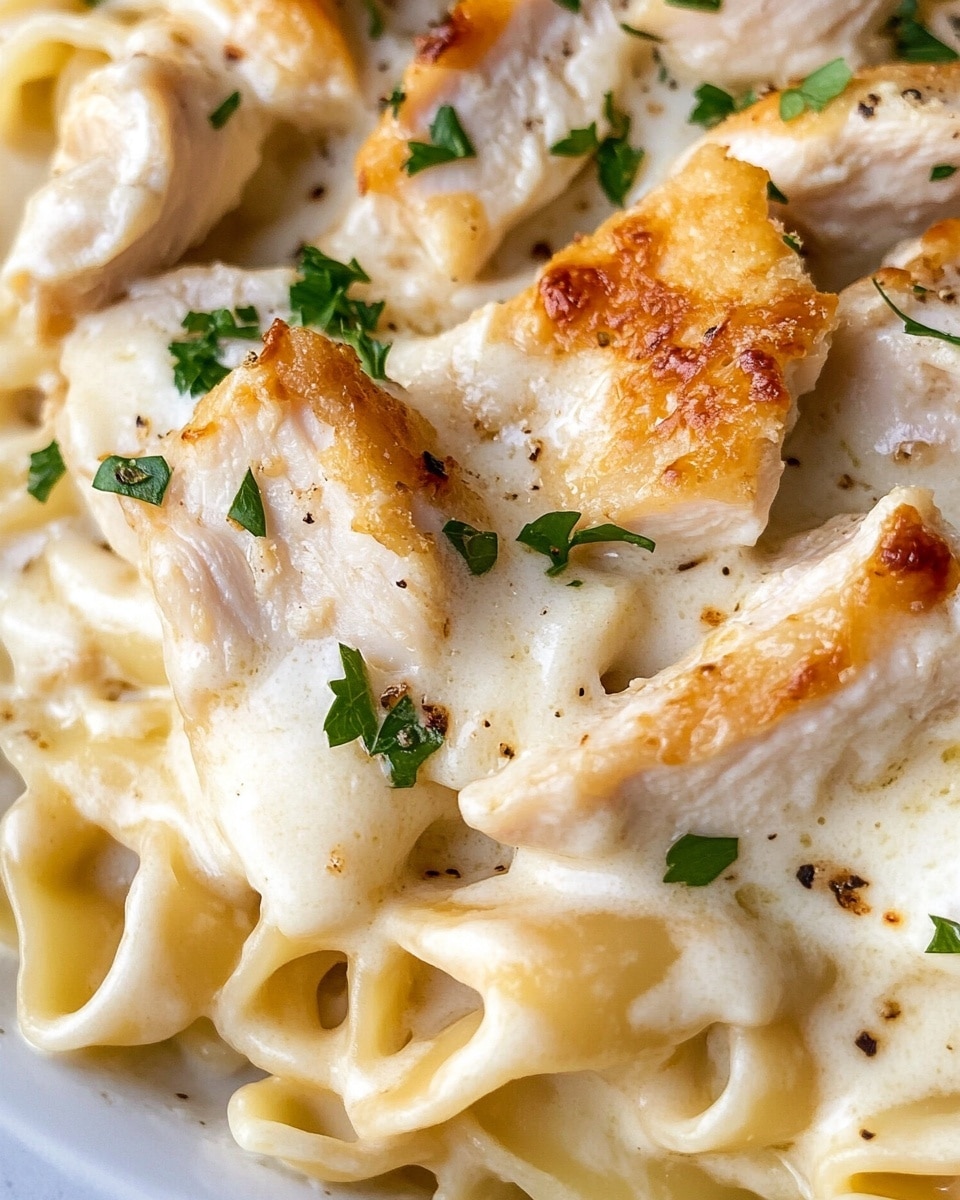 Chicken Tortellini Alfredo, creamy tortellini chicken meal, easy Alfredo pasta with chicken, homemade chicken Alfredo sauce, comforting chicken tortellini dish A white bowl filled with creamy pasta layered with light cream sauce and soft cheese, topped with several pieces of golden-brown cooked chicken slices scattered evenly on top. The pasta is a mix of folded, shell-like shapes that are smooth and coated well with sauce, while fresh chopped green herbs are sprinkled across the entire dish. A fork with a wooden handle rests inside the bowl, partially inserted in the pasta and chicken. In the background, a white pan with more of the same pasta and chicken combination sits on a white marbled surface, alongside a grey cloth.