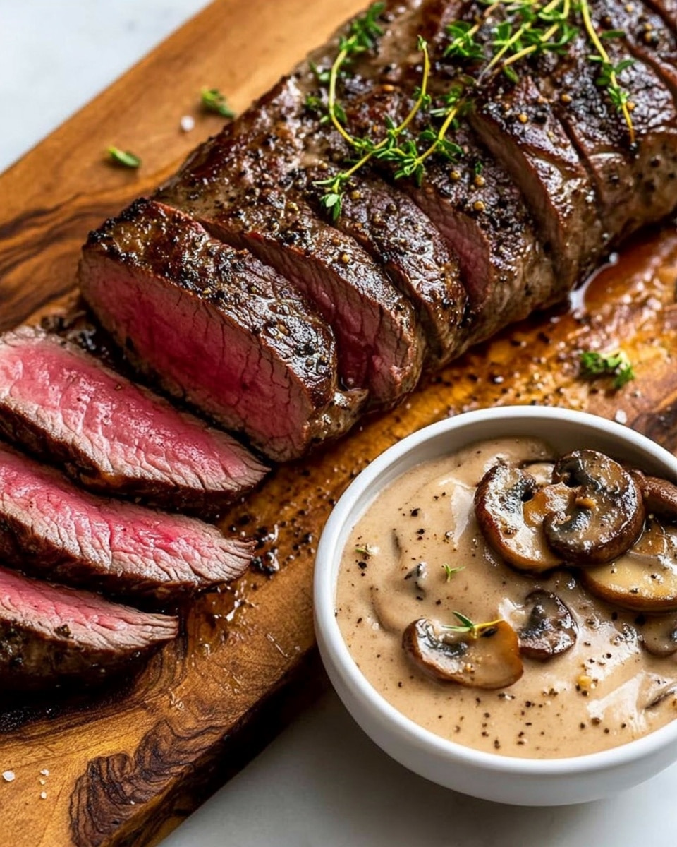 Beef Tenderloin with Mushroom Sauce, tender beef recipe, mushroom sauce recipe, elegant beef dinner, easy holiday steak The image shows several thick slices of cooked meat arranged neatly in a row, each slice having a light pink center and a brown, peppered crust around the edges. Beside the slices, there is a creamy mushroom sauce with sliced mushrooms, light brown in color and slightly glossy, covering the area next to the meat. A small sprig of green thyme lays gently on top of the meat near the mushrooms. The background surface is a white marbled texture.