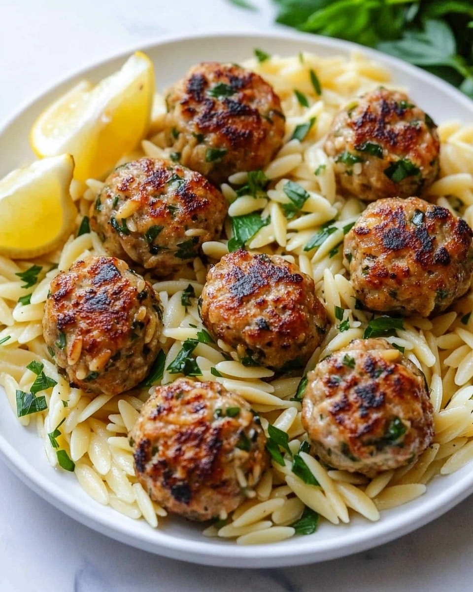Greek Chicken Meatballs with Lemon Orzo, Greek chicken meatballs, lemon orzo pasta, Mediterranean chicken recipes, easy Greek dinner A white round plate filled with a single layer of light yellow orzo pasta mixed with small green herb pieces, topped with eight golden-brown grilled meatballs spread evenly. The meatballs have a slightly shiny, crispy surface with some darker grilled spots and are garnished with small cut green herbs. There are two lemon wedges placed on the pasta near the edge of the plate. The plate is set on a white marbled surface.