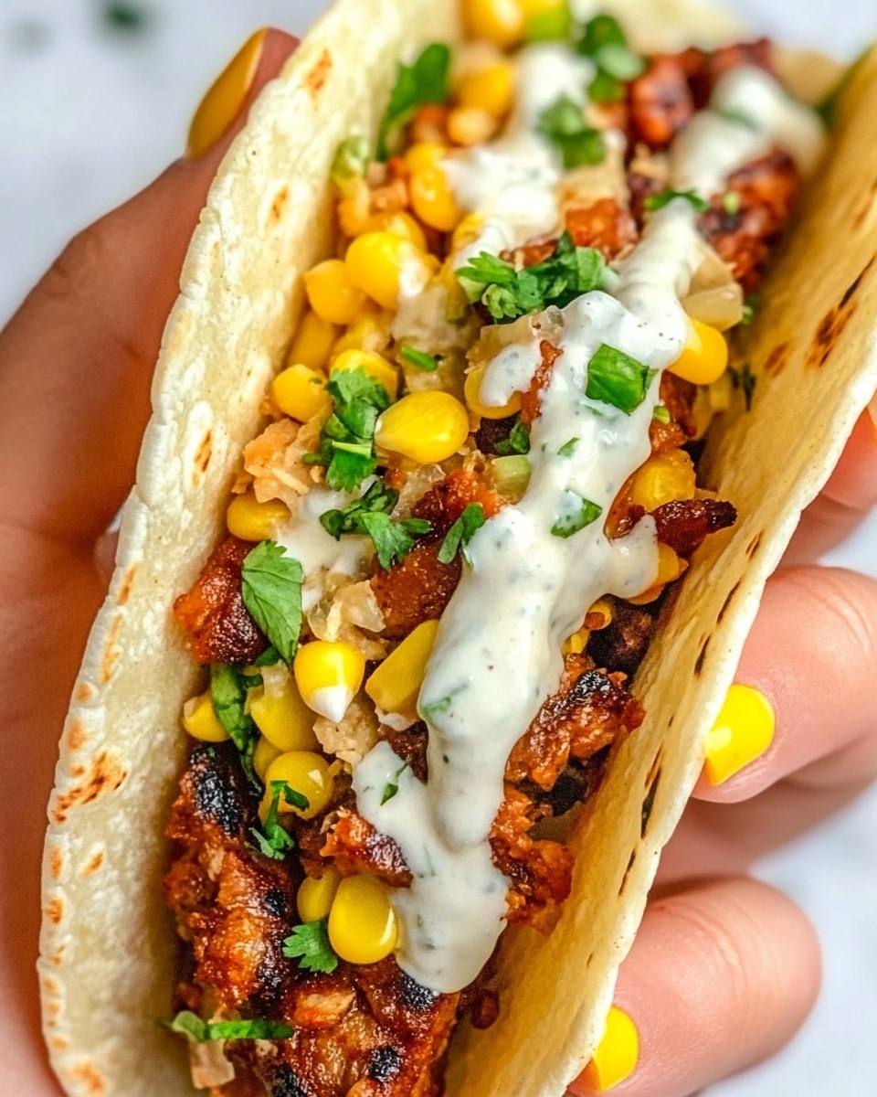 Fried Chicken Street Corn Tacos with Jalapeno Lime Ranch, street corn tacos with crispy chicken and jalapeno lime ranch, easy fried chicken tacos with street corn, flavorful street food tacos, homemade fried chicken and corn tacos The image shows a close-up view of a soft taco held by a woman's hand with yellow nail polish. The taco has a warm, light brown tortilla shell wrapped around two main layers: the first layer inside is bright yellow corn kernels mixed with small bright green herbs, while the second layer is grilled pieces of reddish-brown meat with a creamy white sauce drizzled on top. The background is a white marbled surface, and the photo focuses sharply on the taco's vibrant colors and textures.