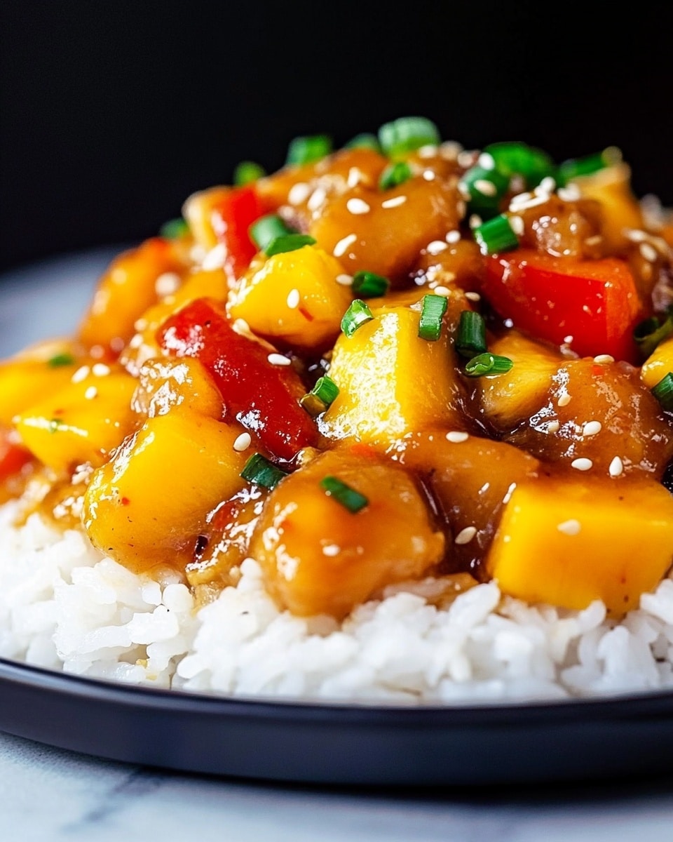 Pineapple Chicken Stir-Fry, healthy stir-fry recipes, quick chicken dinner, sweet and savory stir-fry, tropical chicken recipes The image shows a black bowl filled with white rice as the base layer, topped with a mix of cooked chicken pieces, yellow pineapple chunks, and red bell pepper pieces covered in a light brown sauce. The dish is sprinkled with white sesame seeds and chopped green onions scattered evenly on top. In the background, there is a white container with more chicken and vegetables in the same sauce and a small white bowl containing chopped green onions placed on a white marbled surface. A silver fork is partly visible next to the bowl on the right side.