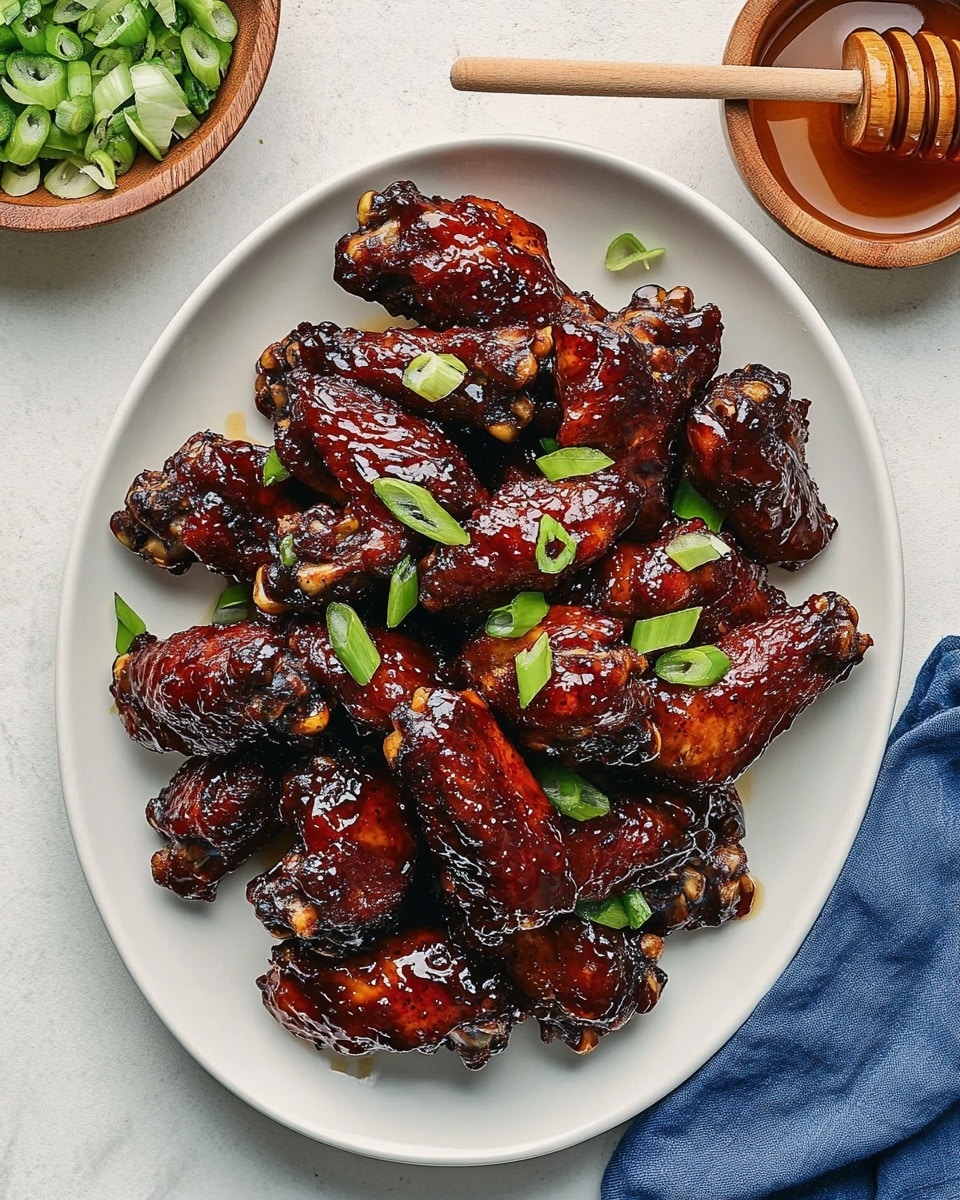 Baked Sticky Honey BBQ Chicken Wings, honey BBQ chicken wings, crispy baked chicken wings, easy BBQ wings recipe, game day chicken wings A white oval plate holds a pile of dark reddish-brown glazed chicken wings with a shiny, sticky texture, arranged in a loose mound in the center. Small pieces of bright green chopped scallions are scattered on top and around the wings. The plate is set on a white marbled surface with a small wooden bowl of extra green scallions near the bottom left and another wooden bowl with honey and a wooden honey dipper at the top right. A blue cloth napkin is partially visible on the lower right side. The