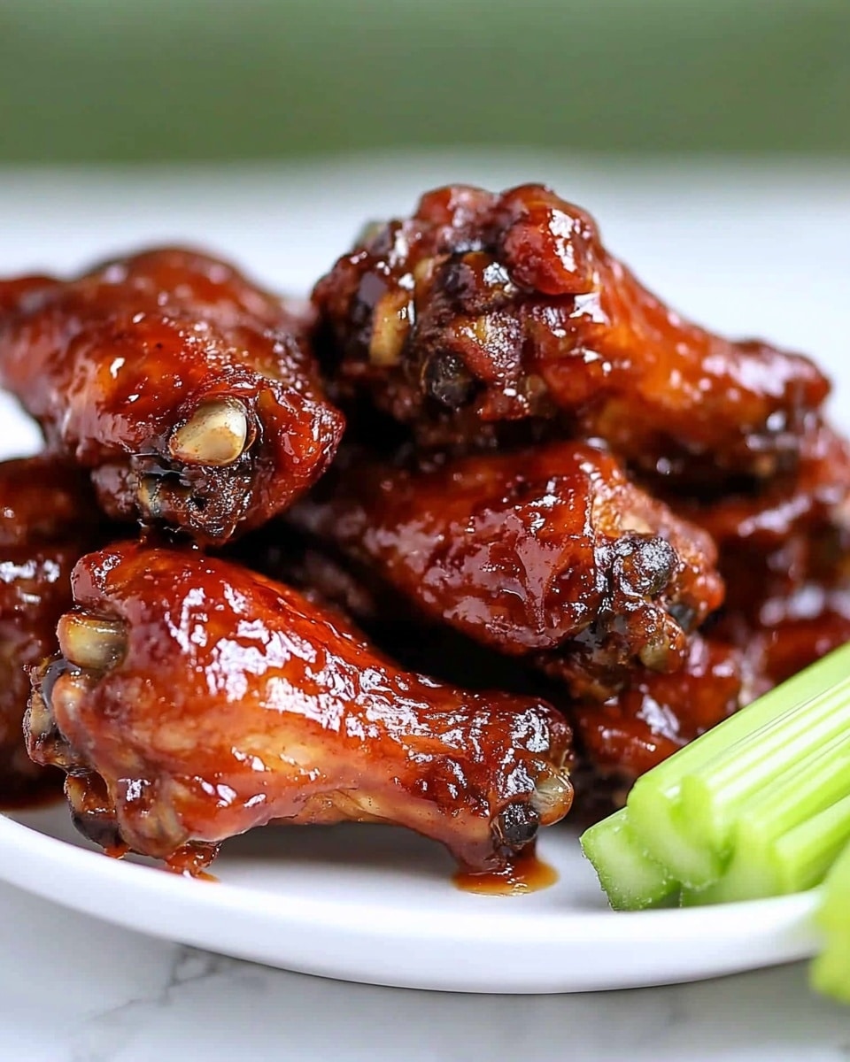 Baked Sticky Honey BBQ Chicken Wings, honey BBQ chicken wings, crispy baked chicken wings, easy BBQ wings recipe, game day chicken wings A white plate holds a stack of six dark reddish-brown chicken wings coated with a thick, shiny sauce that reflects light, giving them a glossy look. The wings are layered unevenly, showing some crispy edges and soft textures, with small bits of seasoning visible in the sauce. To the right side of the plate, three fresh celery sticks are neatly placed in parallel, their bright green color contrasting with the dark wings. The scene rests on a white marbled surface with a blurred green background, adding depth to the image.