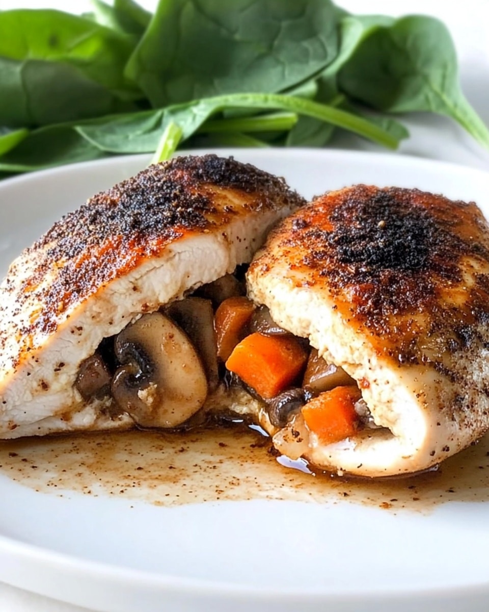 Cajun Stuffed Chicken Breast, Cajun Stuffed Chicken, Cajun Chicken Dinner, Easy Cajun Chicken, Stuffed Chicken Breast Recipe A white plate holds a chicken breast, seasoned with dark brown and black spices on the outside, split open to show three layers inside: the white tender chicken layer on the outside, a smooth layer of melted white cheese, and a colorful mix of orange carrot and light brown mushrooms in the center. There is a bit of brown sauce around the chicken on the plate, and fresh green spinach leaves are in the background. The surface below the plate is a white marbled texture.