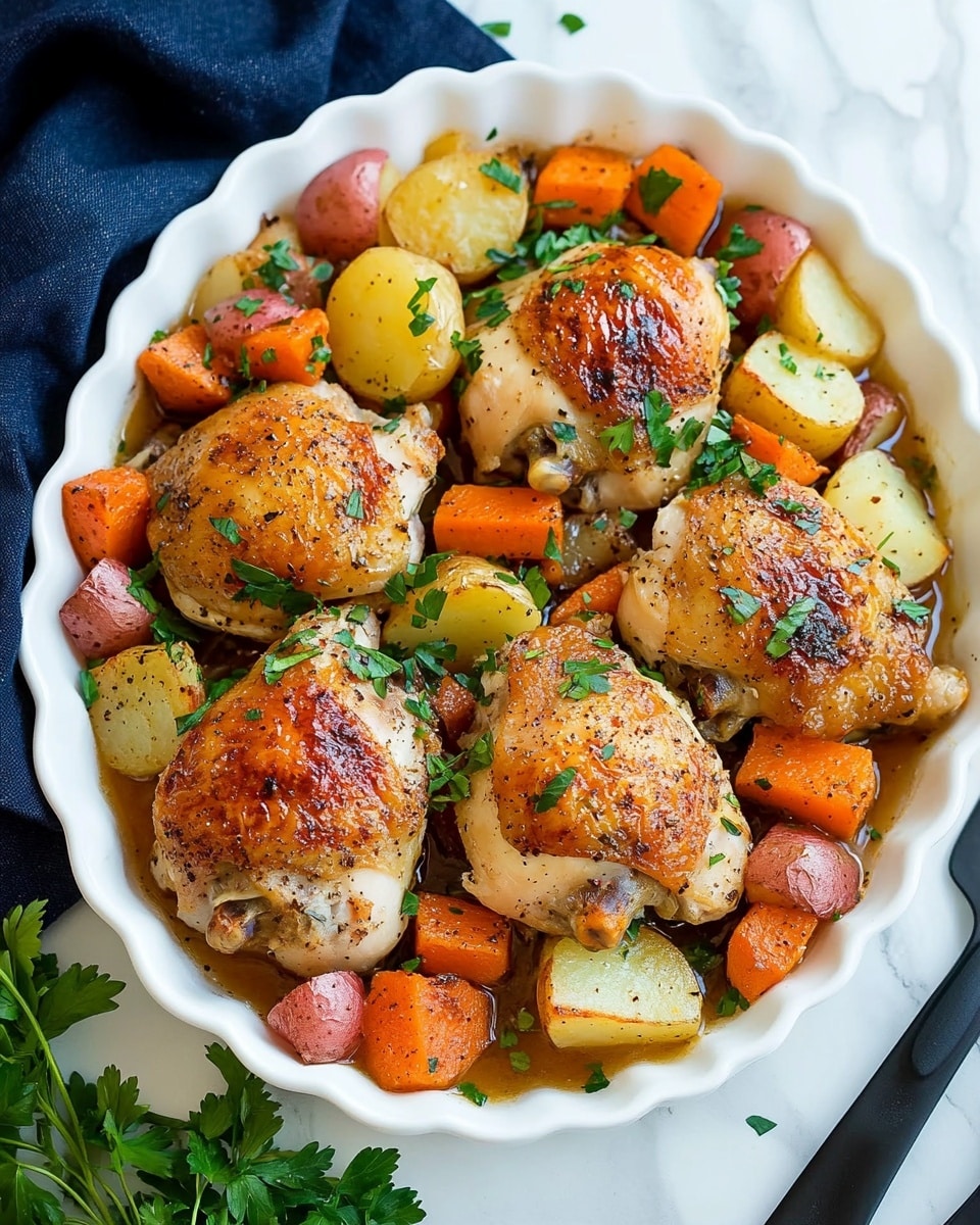 Braised Chicken Thighs and Vegetables, Braised Chicken Thighs, Comforting Chicken Dinner, Easy Braised Chicken Recipe, Healthy Chicken and Veggies A white pot filled with six golden-brown cooked chicken thighs laid on top of a colorful mix of large carrot slices, red potato chunks, and pale yellow potato pieces, all sprinkled with fresh green herbs. The chicken skin looks crispy with a touch of seasoning, and the vegetables appear tender with a moist texture. The pot sits on a white marbled surface, with a dark cloth partially under it. Some fresh green herb sprigs are placed nearby.