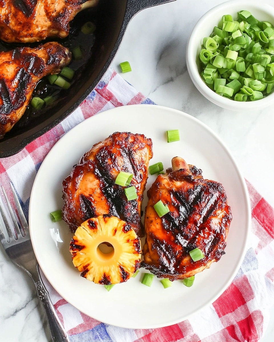 Sheet-Pan BBQ Pineapple Chicken, BBQ chicken with pineapple, easy pineapple chicken recipe, one-pan chicken dinner, tropical BBQ chicken The image shows a white plate with two pieces of grilled chicken that have a charred, reddish-brown surface, topped with two bright yellow, juicy pineapple rings. Small green onion rings are scattered over the chicken and around the plate. Next to the plate, there is a white bowl filled with green onion rings, a silver fork resting on a red, white, and blue checkered cloth on a white marbled surface. In the top left corner, part of a black cast iron skillet is visible, containing more grilled chicken pieces and pineapple rings, also garnished with chopped green onions.