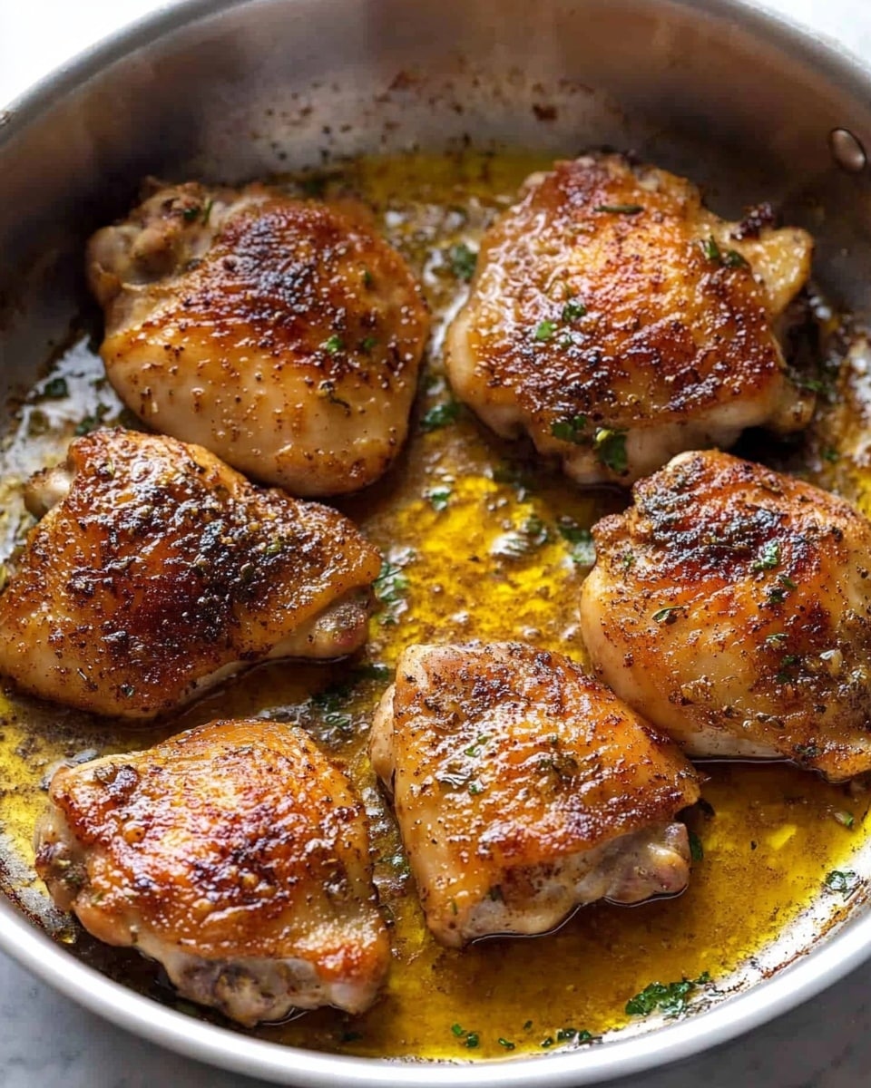 Crispy Garlic Chicken Thighs, garlic chicken thigh recipe, crispy chicken dinner, easy garlic chicken, flavorful chicken thighs A stainless steel pan filled with six pieces of golden-brown chicken thighs cooked with a slightly crispy and seasoned skin. Each piece has a dark, caramelized color on top with visible specks of herbs and small bits of garlic. The chicken rests in a shallow layer of light brown sauce that glistens slightly, showing a juicy texture. The pan surface near the chicken shows some browned bits and oil, giving a rich cooked look. The photo is taken from above on a white marbled surface.