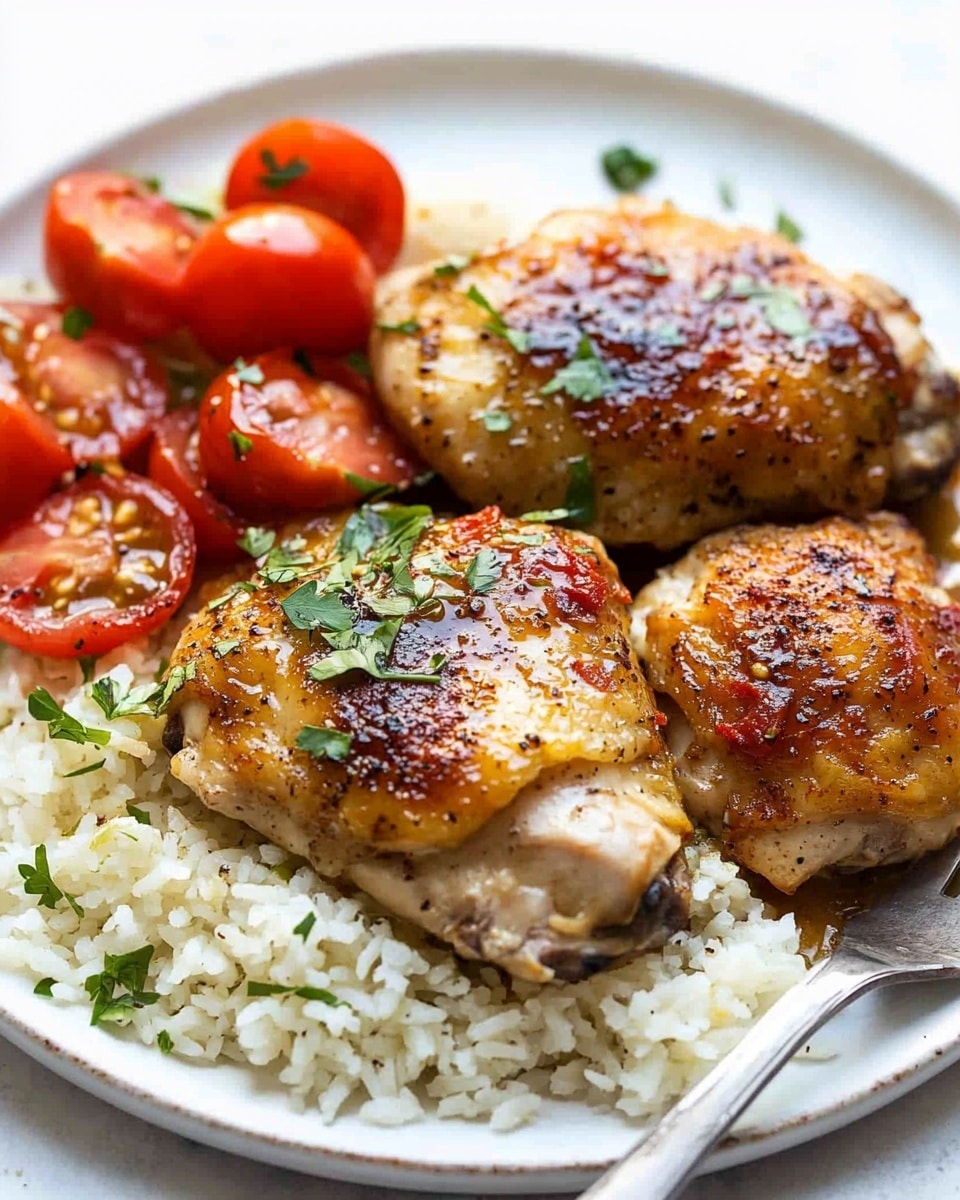 Crispy Garlic Chicken Thighs, garlic chicken thigh recipe, crispy chicken dinner, easy garlic chicken, flavorful chicken thighs The dish shows a white plate with three pieces of golden-brown cooked chicken thighs placed mostly on the right side of the plate. Underneath and around the chicken is a layer of fluffy white rice with some brown sauce drizzled on top, adding a glossy texture in spots. On the left side of the plate, there is a pile of halved bright red cherry tomatoes sprinkled with finely chopped green herbs. There is a silver fork holding a small piece of chicken on the left, and a serrated knife rests at the bottom edge of the plate with some rice scattered nearby. The background is a white marbled surface.