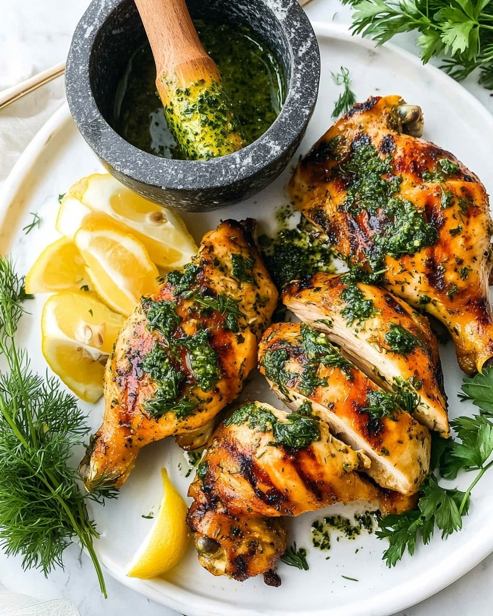 The image shows a white plate with three grilled chicken pieces that are golden brown with some dark grill marks. The chicken is topped with fresh green herbs and small green capers. On the left side, there are several lemon wedges placed on fresh dill and parsley greens, giving bright yellow and green colors. A dark gray stone mortar and pestle with some green sauce inside sits near the top left corner of the plate. Above the chicken pieces, there is a woman's hand holding two metal spoons with wooden handles. The plate is set on a white marbled surface with some scattered parsley leaves around. Photo taken with an iphone --ar 4:5 --v 6.1