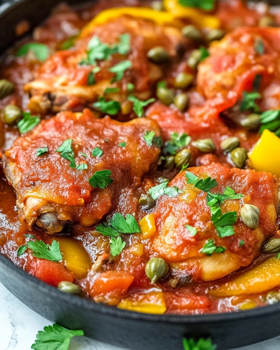 The image shows a black cast iron skillet filled with several pieces of cooked chicken covered in a rich, thick reddish-brown sauce. Bright yellow and orange bell pepper strips are spread between the chicken pieces, adding contrast to the dish. Small green capers and fresh chopped green herbs are scattered evenly over the top, creating texture and color variation. The sauce has a chunky texture with visible bits of tomato and spices. The skillet rests on a white marbled surface with a wooden spoon beside it, and a woman's hand holds the skillet handle in the bottom left corner. photo taken with an iphone --ar 4:5 --v 6.1